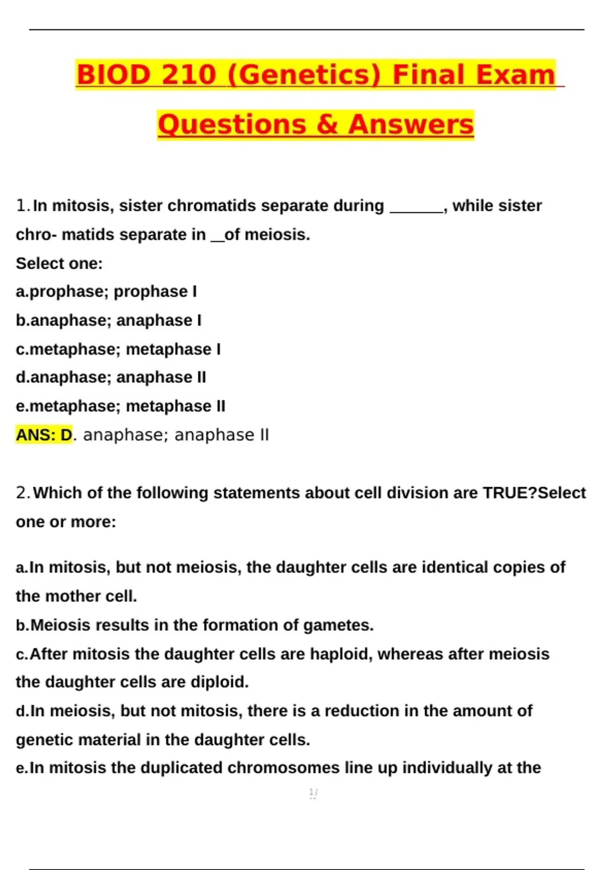 BIOD 210 (Genetics) Final Exam Newest Latest 2025 Actual Questions and ...
