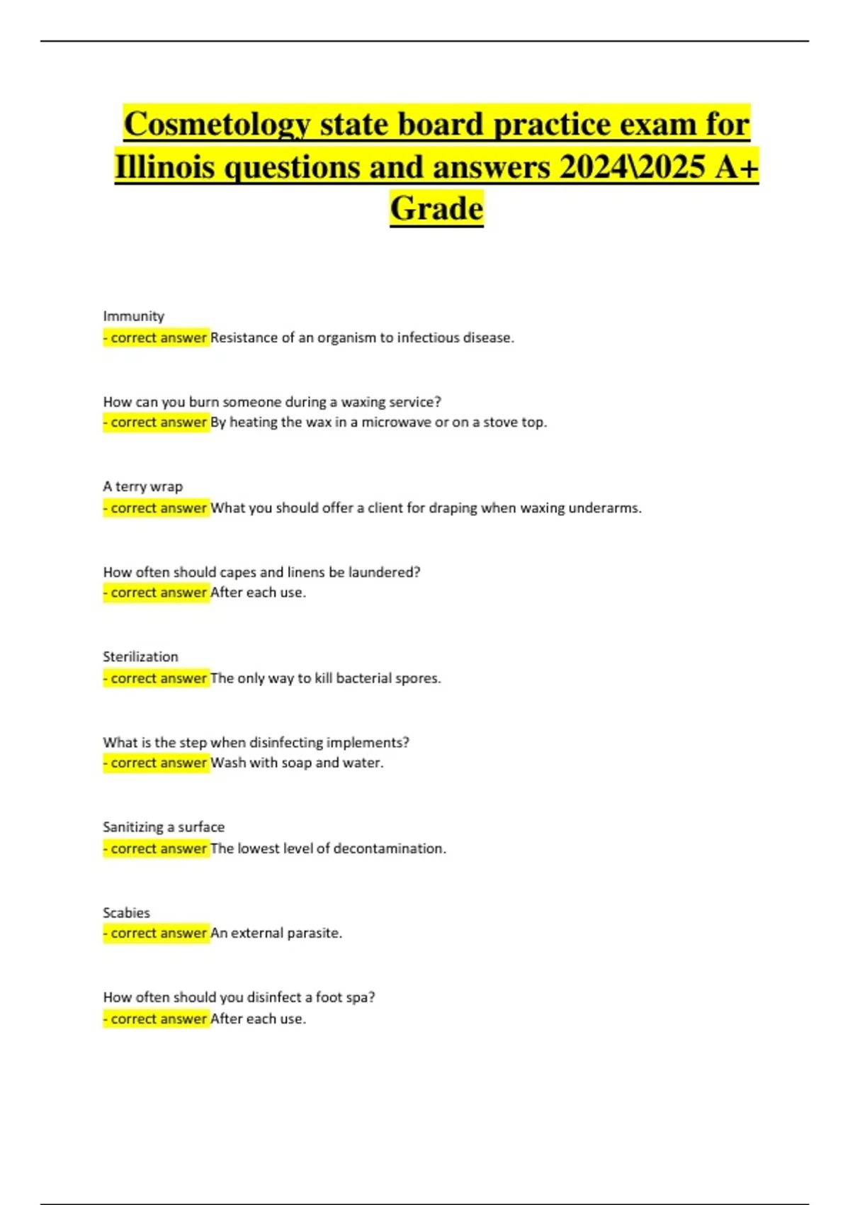 Cosmetology State Board Practice Exam Illinois – Practice Questions and Verified Answers 2024/ ...