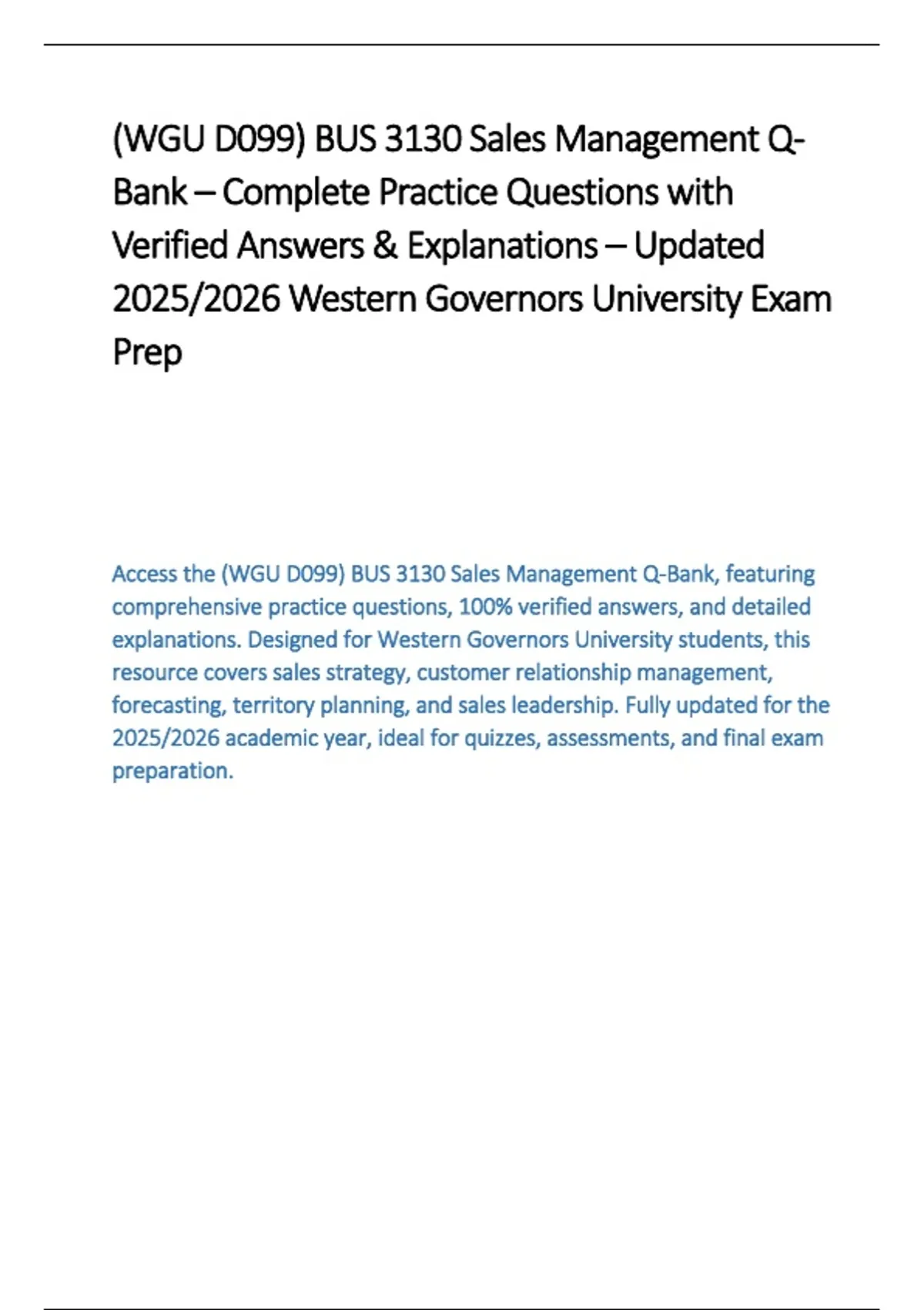 WGU D099 BUS 3130 Sales Management Exam Package with Solution Updated ...