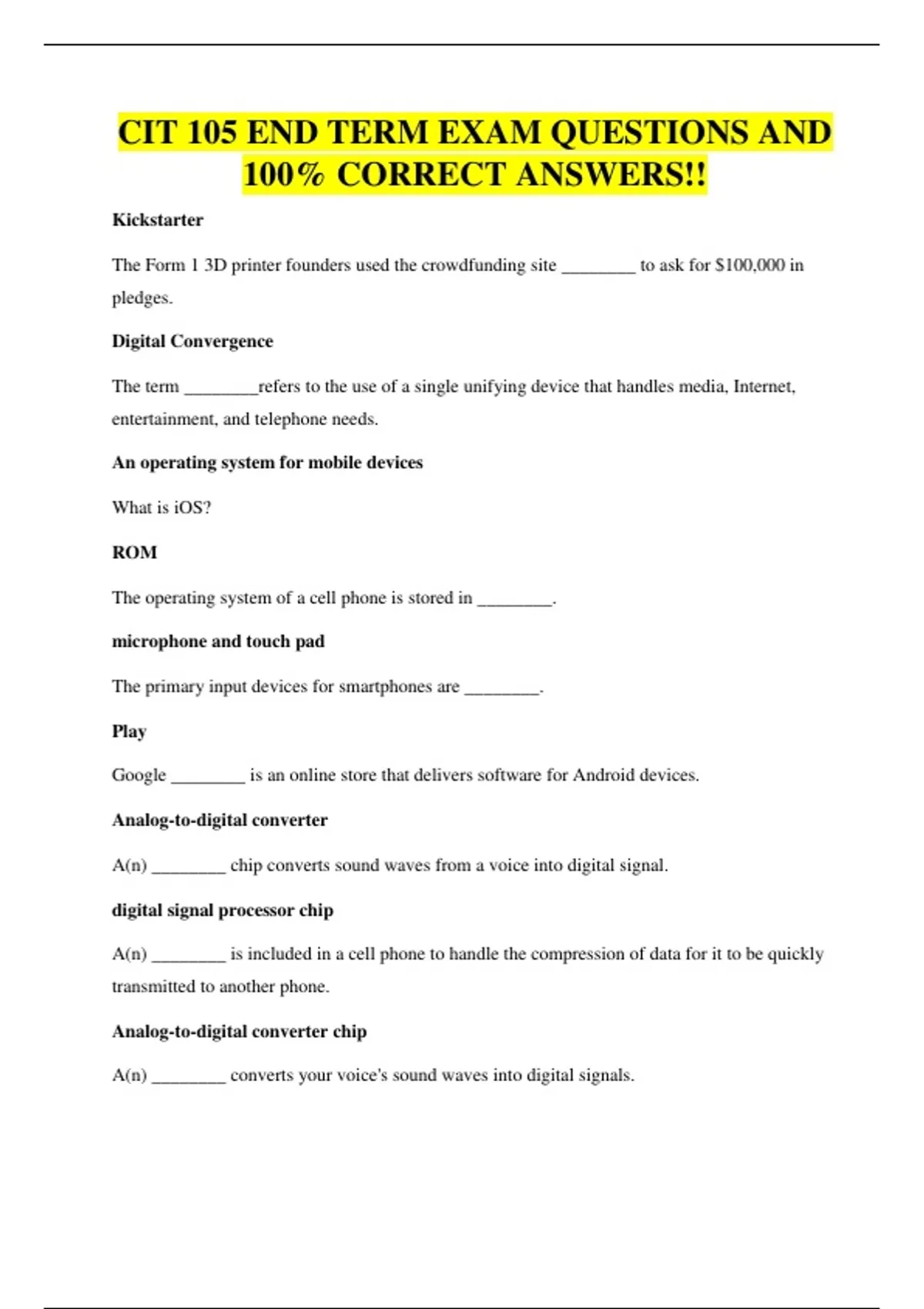 CIT 105 EXAMS BUNDLE, ALL WITH QUESTIONS AND 100% CORRECT ANSWERS ...