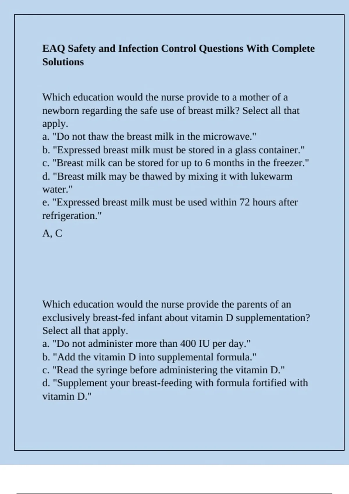 EAQ Safety and Infection Control Questions With Complete Solutions ...