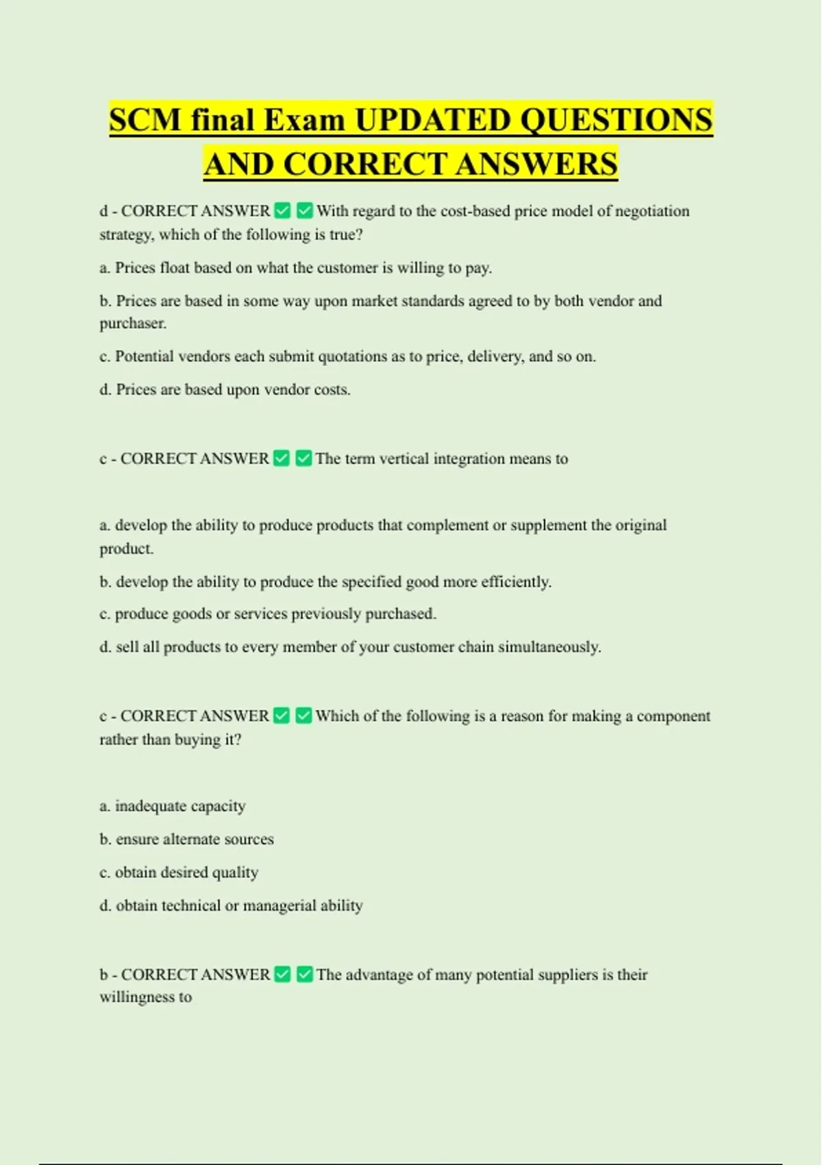 SCM final Exam UPDATED QUESTIONS AND CORRECT ANSWERS - Scm - Stuvia US