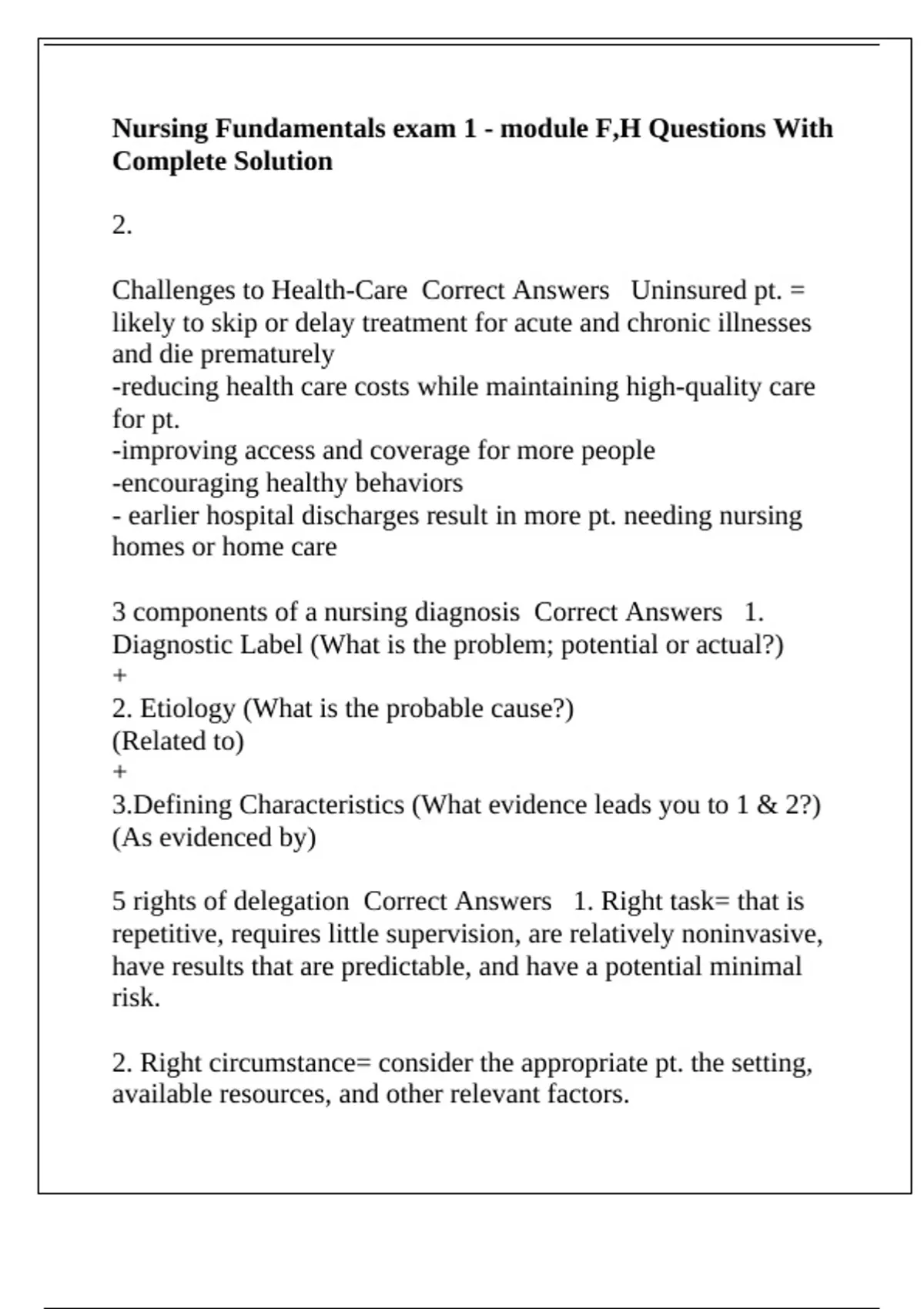 Nursing Fundamentals exam 1 - module F,H Questions With Complete ...