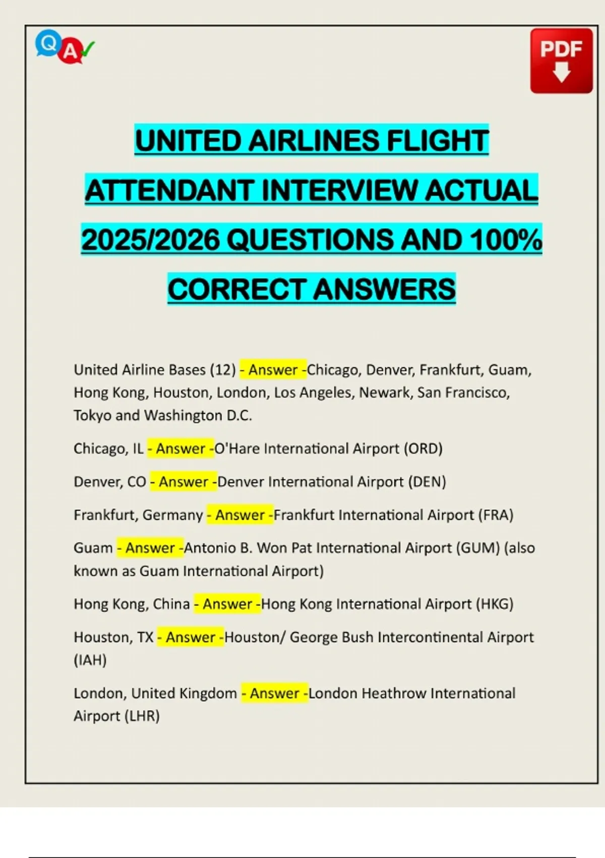 UNITED AIRLINES FLIGHT ATTENDANT INTERVIEW ACTUAL 2025/2026 QUESTIONS AND 100% CORRECT ANSWERS ...
