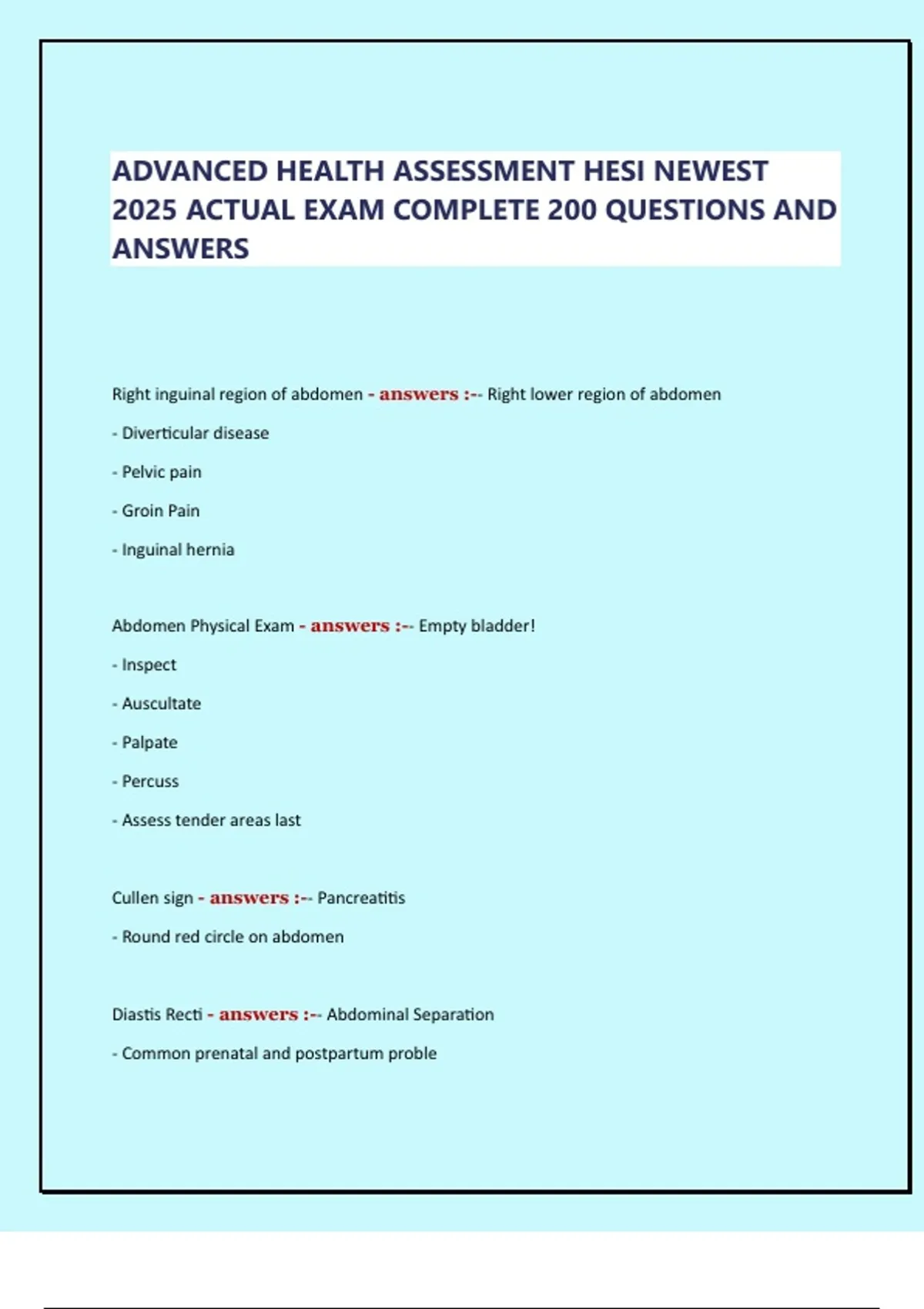 ADVANCED HEALTH ASSESSMENT HESI NEWEST 2025 ACTUAL EXAM COMPLETE 200 ...