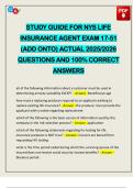 STUDY GUIDE FOR NYS LIFE INSURANCE AGENT EXAM 17-51 &lpar;ADD ONTO&rpar; ACTUAL 2025&sol;2026 QUESTIONS AND 100&percnt; CORRECT ANSWERS