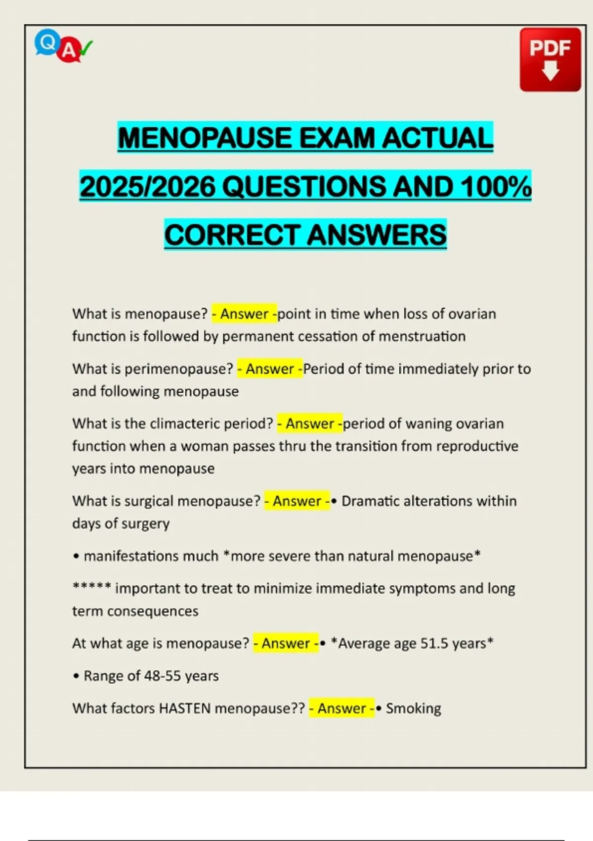 MENOPAUSE EXAM ACTUAL 2025/2026 QUESTIONS AND 100% CORRECT ANSWERS ...