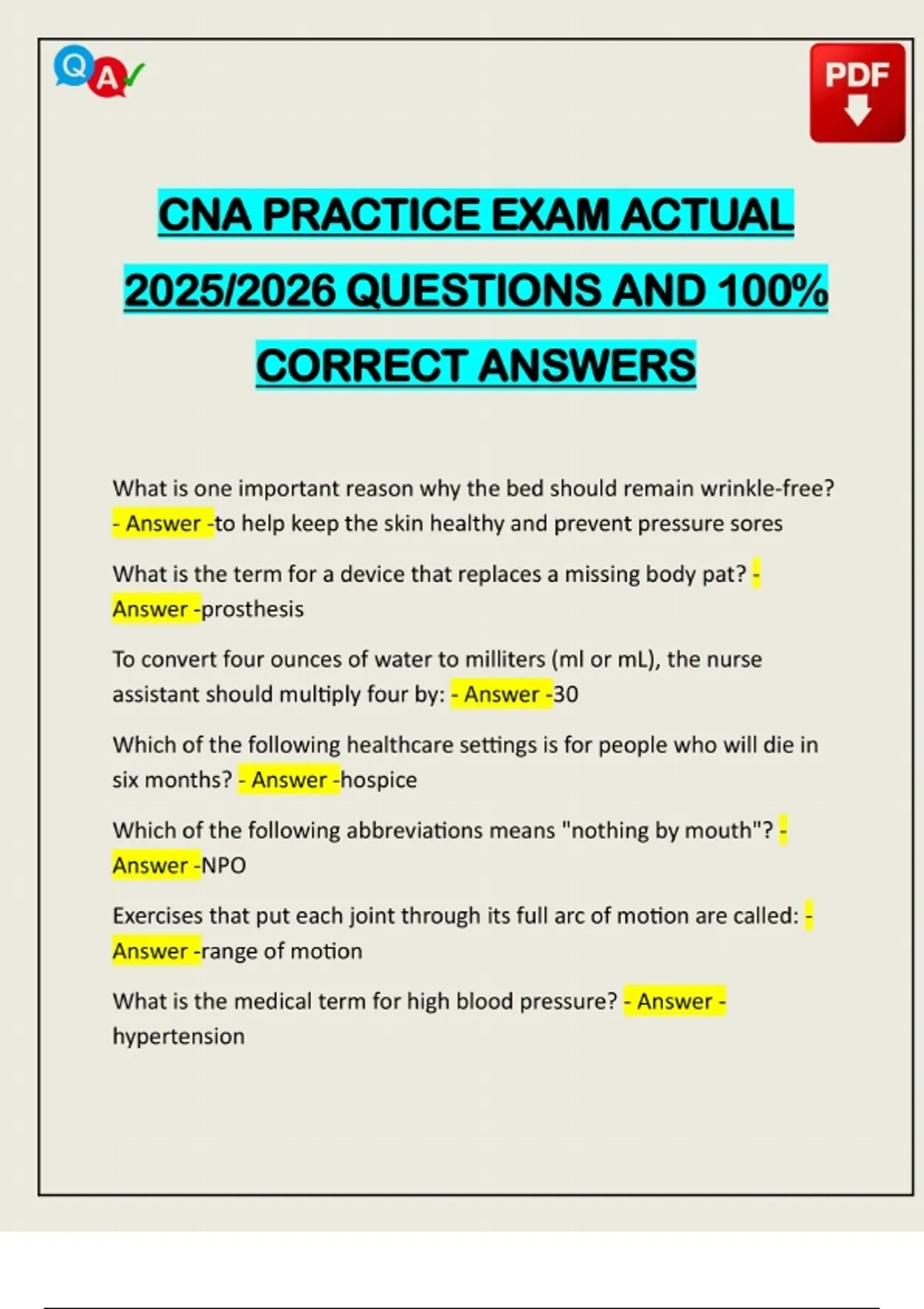 CNA PRACTICE EXAM ACTUAL 2025/2026 QUESTIONS AND 100% CORRECT ANSWERS ...