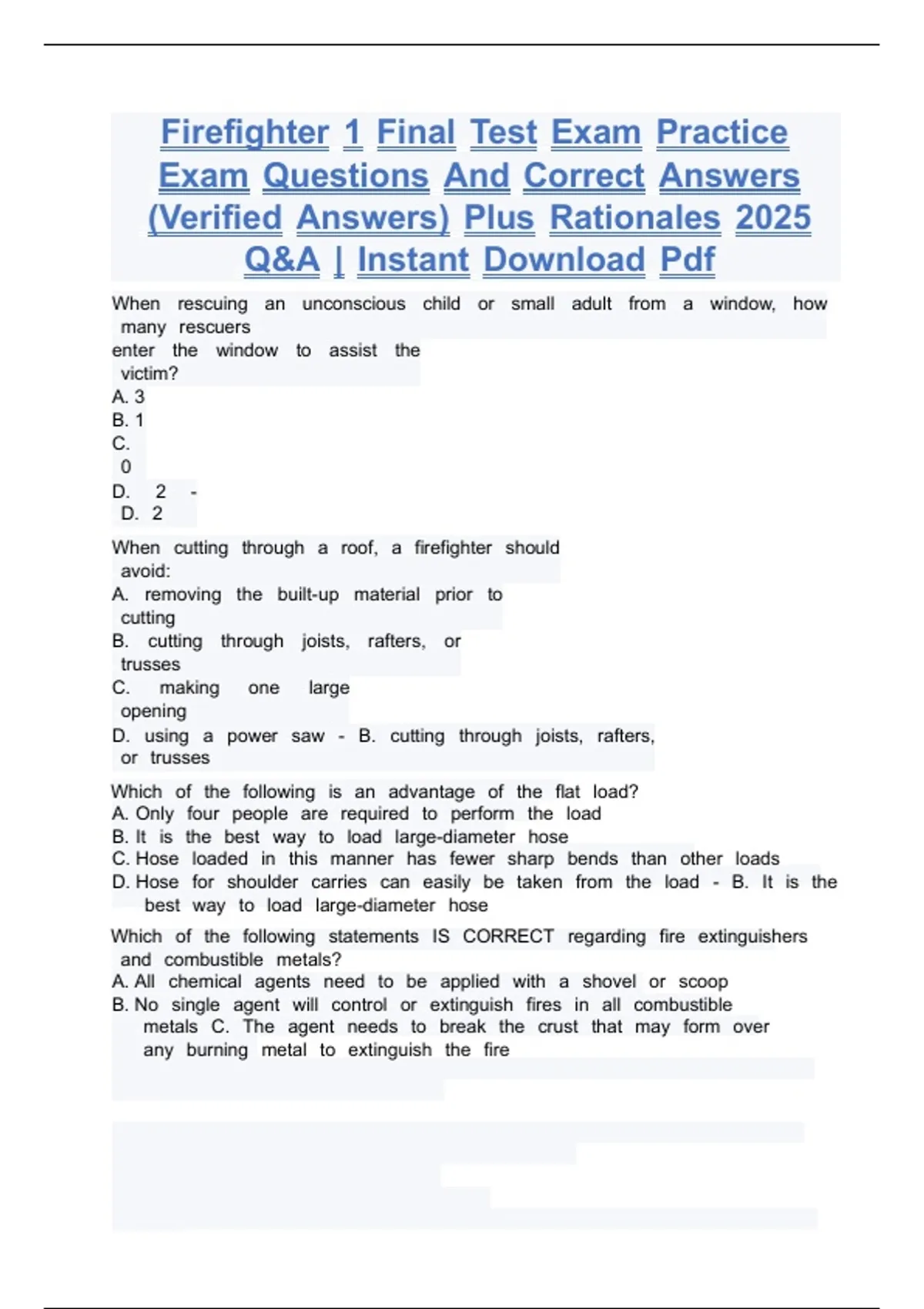 Firefighter 1 Final Test Exam Practice Exam Questions And Correct ...