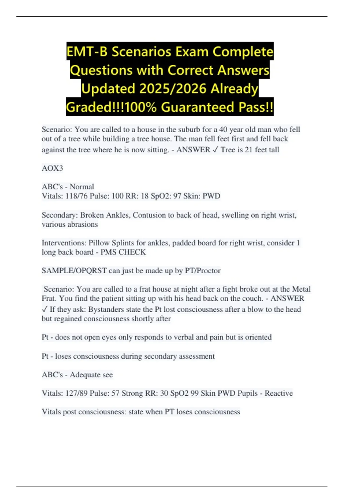 EMT-B Scenarios Exam Complete Questions with Correct Answers Updated ...