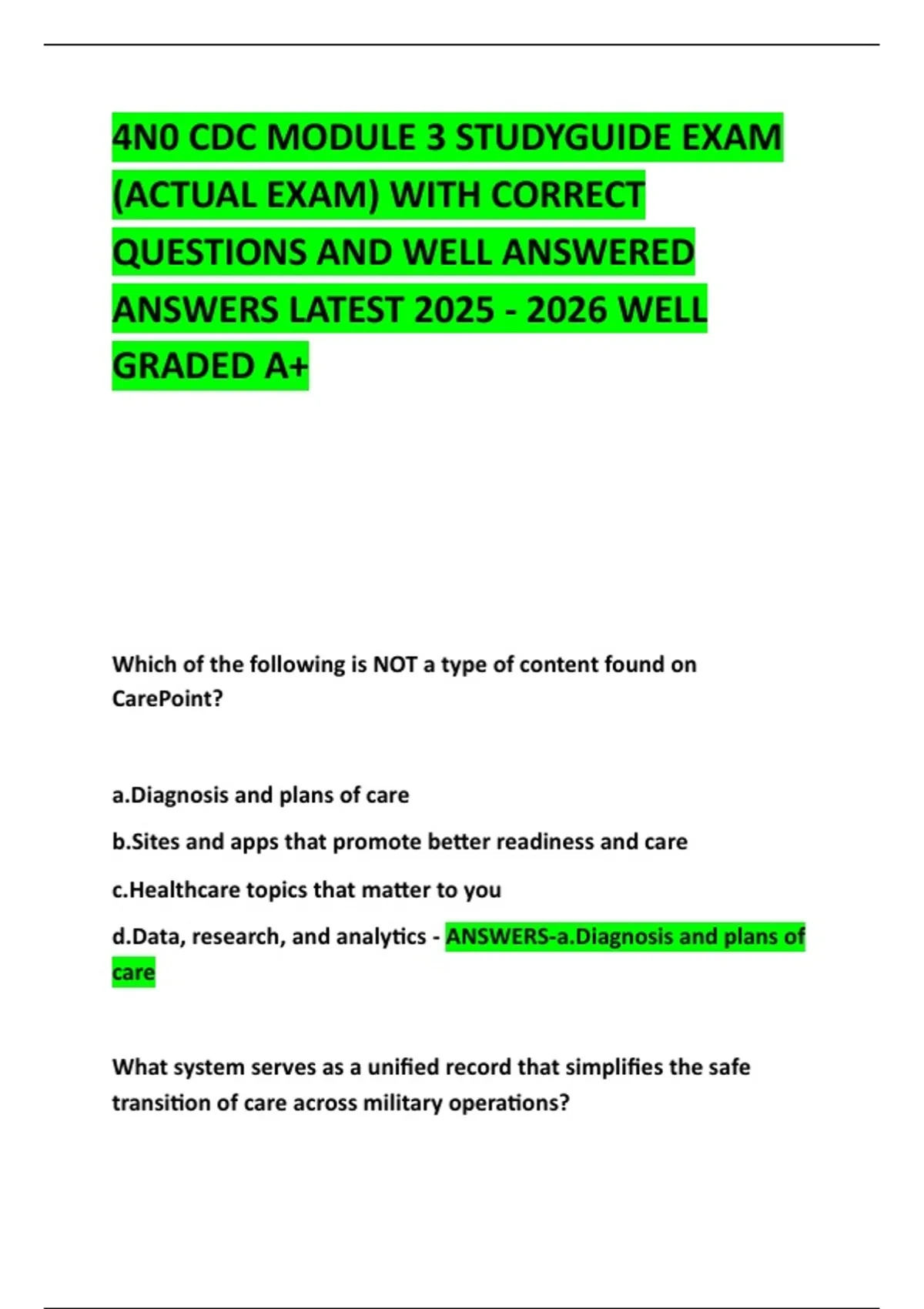 4N0 CDC MODULE 3 STUDYGUIDE EXAM (ACTUAL EXAM) WITH CORRECT QUESTIONS ...