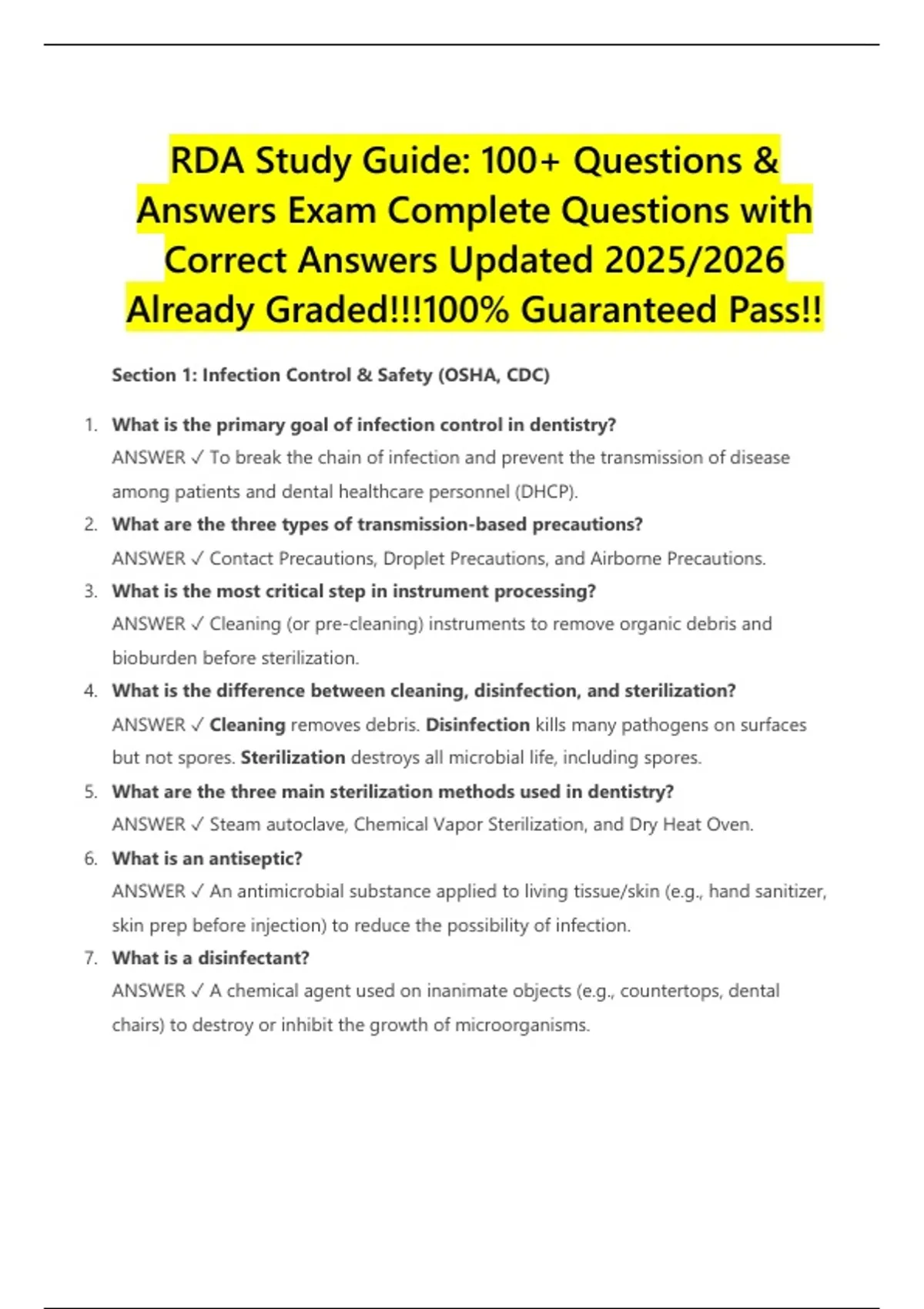 RDA Study Guide: 100+ Questions &amp; Answers Exam Complete Questions with Correct Answers Updated ...