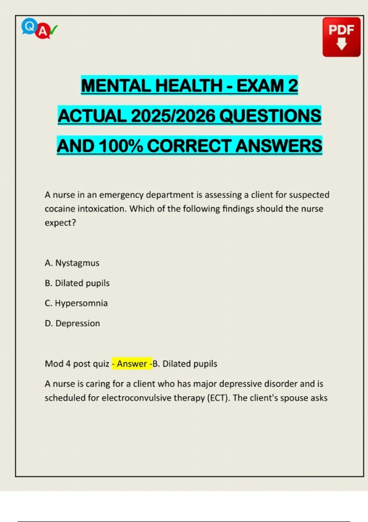 MENTAL HEALTH - EXAM 2 ACTUAL 2025/2026 QUESTIONS AND 100% CORRECT ...