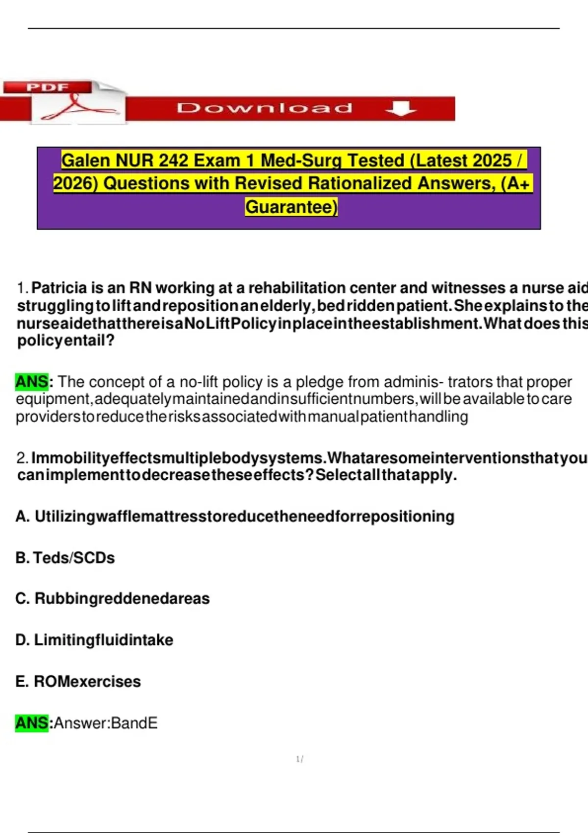 Galen NUR 242 Exam 1 Med-Surg Tested (Latest 2025 / 2026) Questions ...
