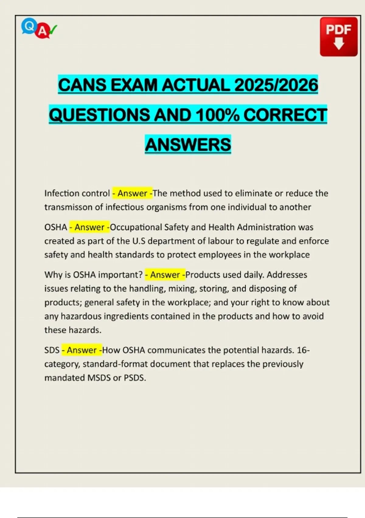 CANS EXAM ACTUAL 2025/2026 QUESTIONS AND 100% CORRECT ANSWERS - Cans ...