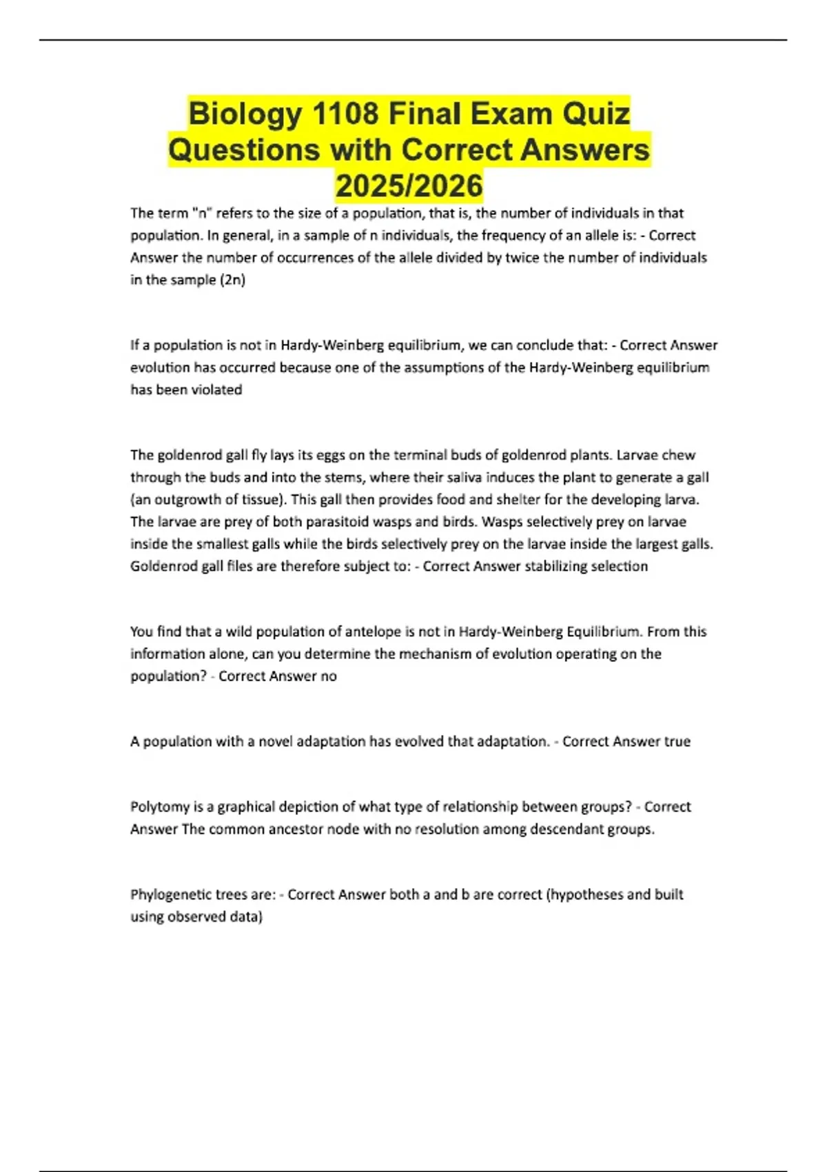 Biology 1108 Final Exam Quiz Questions with Correct Answers 2025/2026 ...