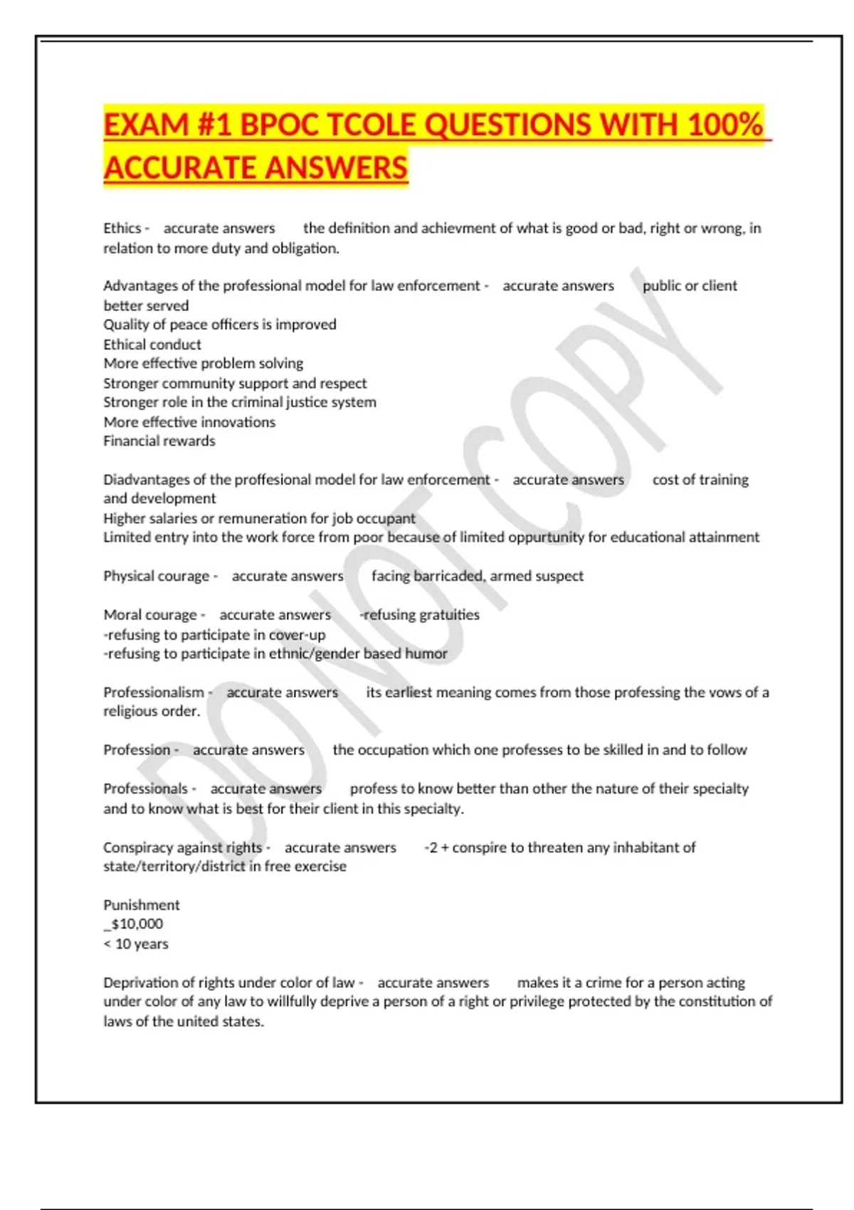 EXAM #1 BPOC TCOLE QUESTIONS WITH 100% ACCURATE ANSWERS - TCOLE - Stuvia US