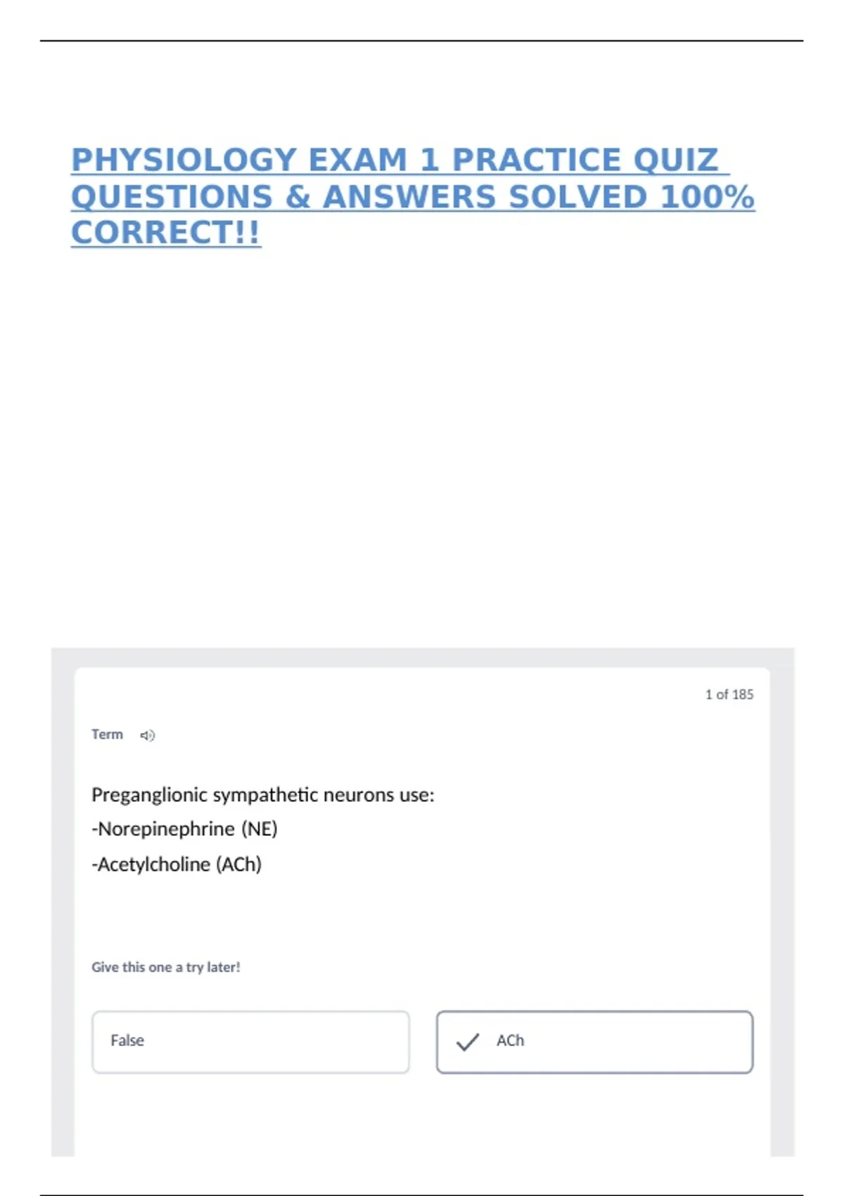 PHYSIOLOGY EXAM 1 PRACTICE QUIZ QUESTIONS & ANSWERS SOLVED 100% CORRECT ...