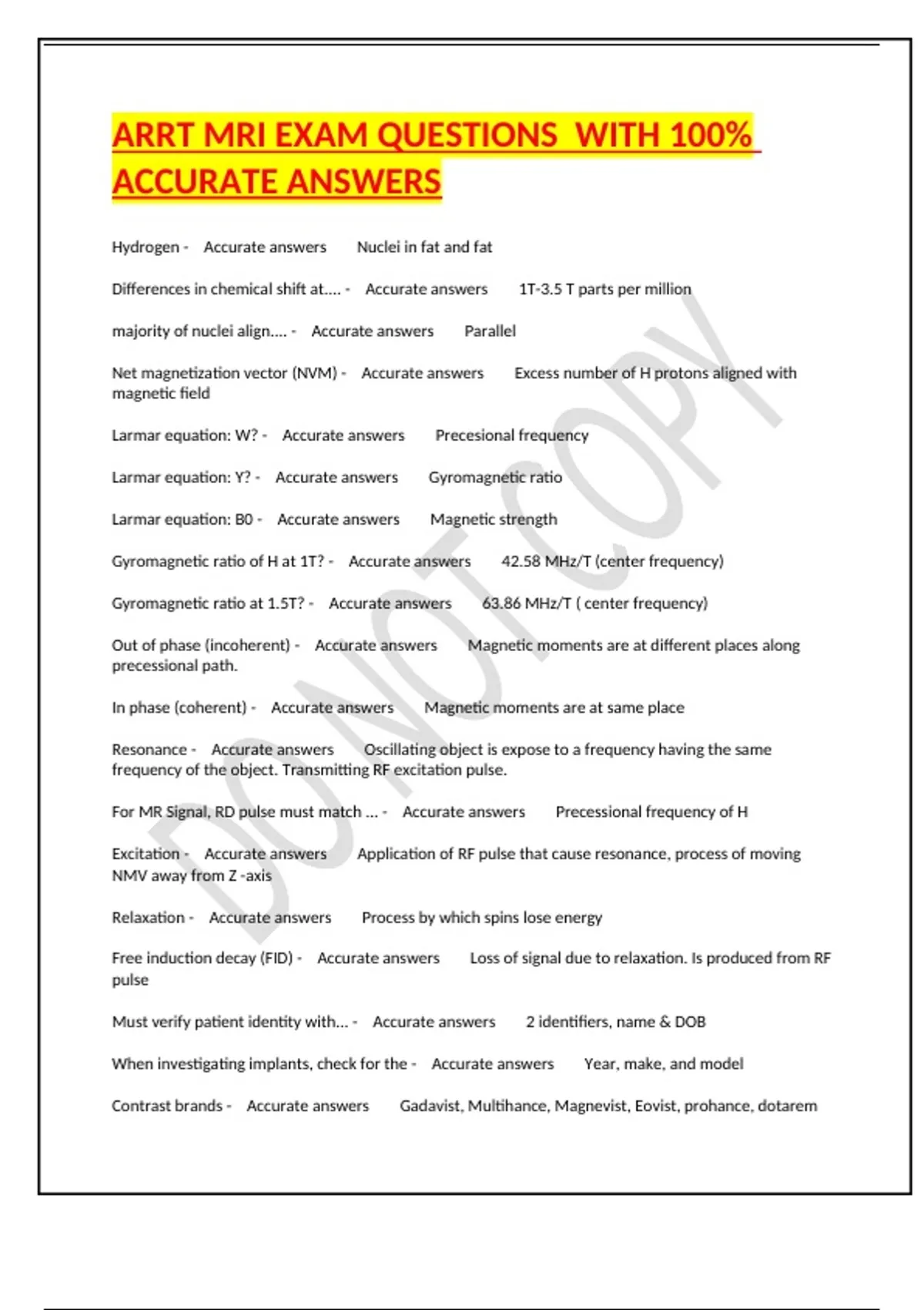 ARRT MRI EXAM QUESTIONS WITH 100% ACCURATE ANSWERS - ARRT - Stuvia US