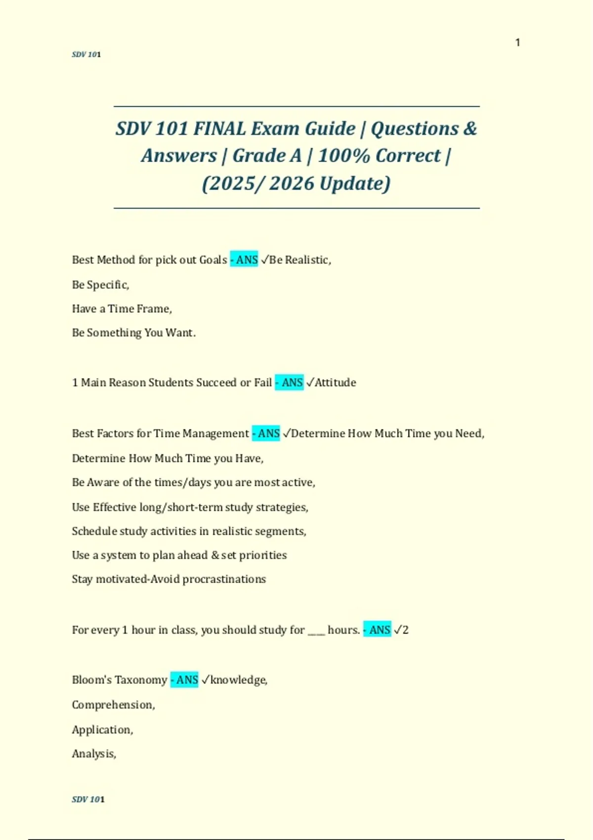 SDV 101 FINAL Exam Guide | Questions & Answers | Grade A | 100% Correct ...
