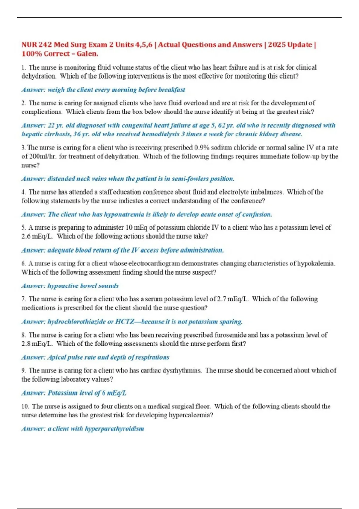 NUR 242 Med Surg Exam 2 Units 4,5,6 | Actual Questions and Answers ...