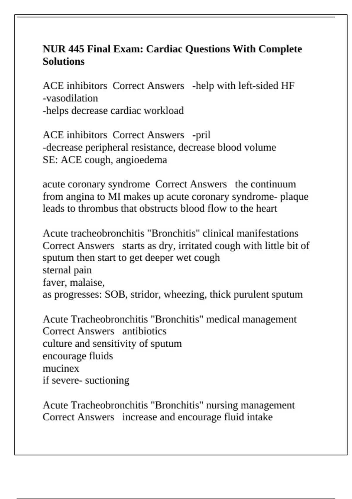 NUR 445 Final Exam: Cardiac Questions With Complete Solutions - NUR 445 ...