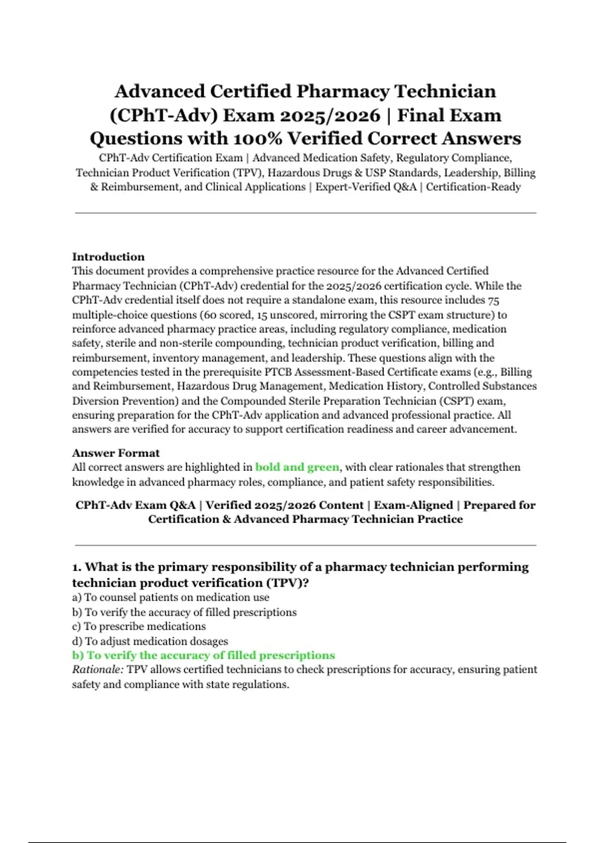 Advanced Certified Pharmacy Technician (CPhT-Adv) Exam 2025/2026 ...