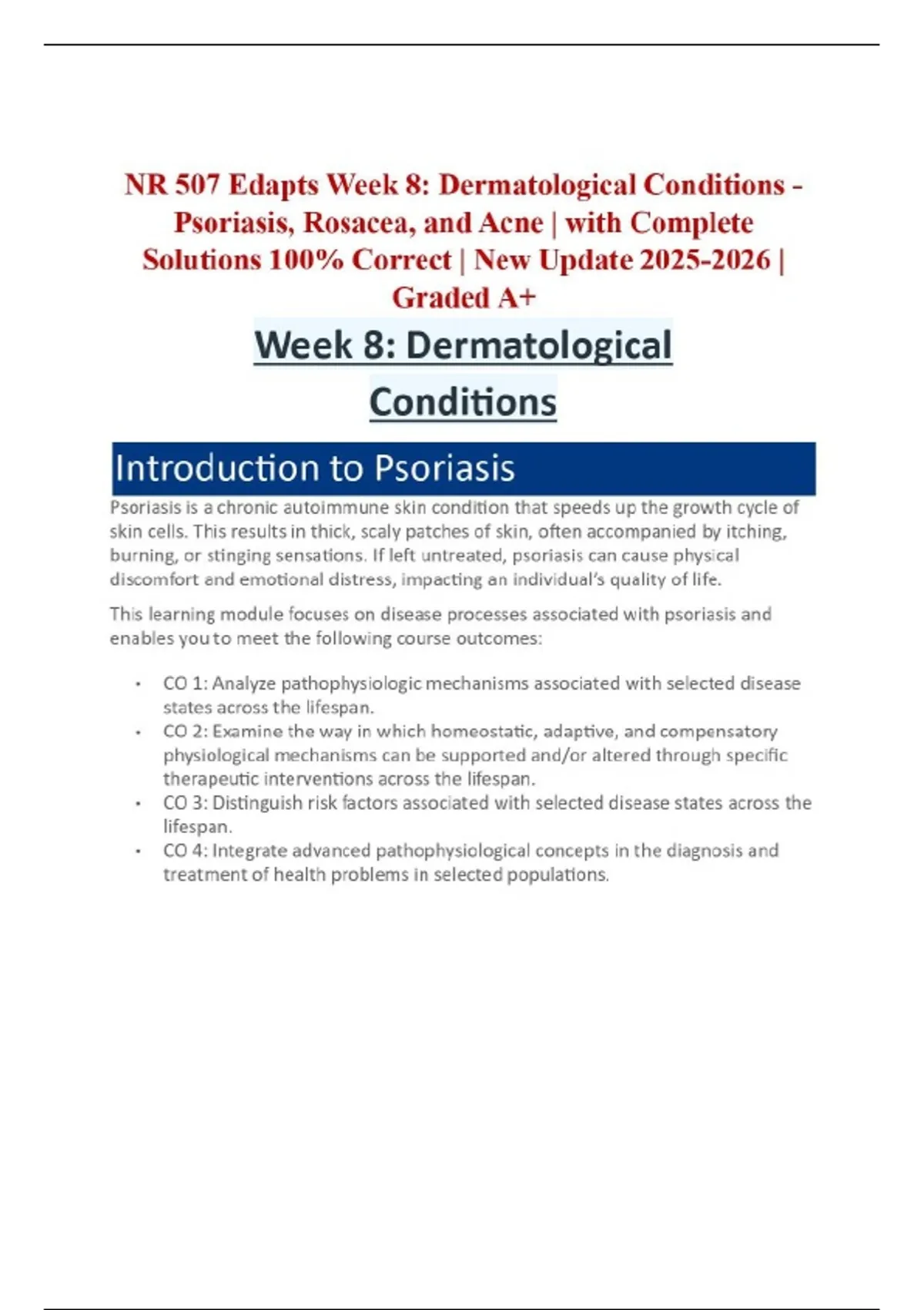 NR 507 Edapts Week 8: Dermatological Conditions - Psoriasis, Rosacea ...