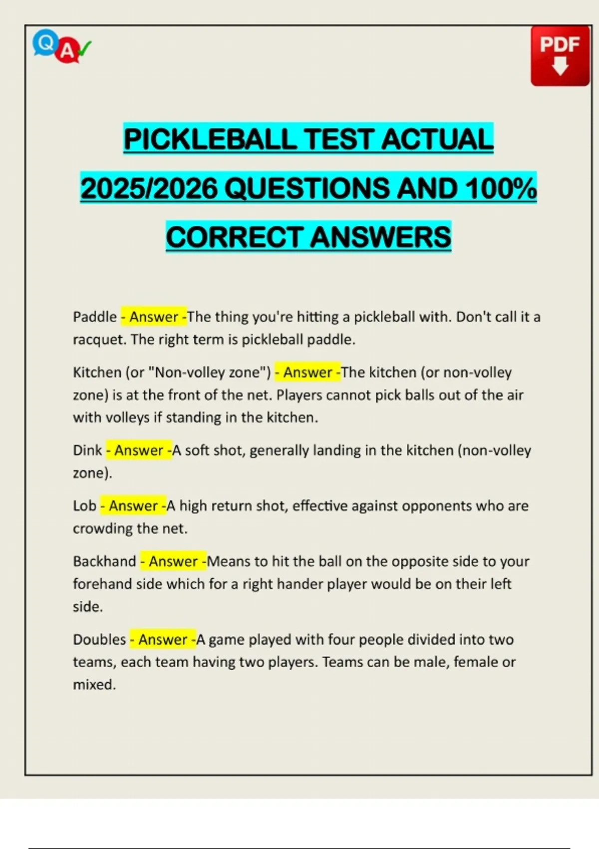 PICKLEBALL TEST ACTUAL 2025/2026 QUESTIONS AND 100% CORRECT ANSWERS ...