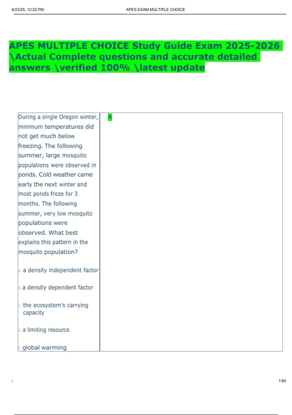 APES MULTIPLE CHOICE Study Guide Exam Actual Complete questions and ...