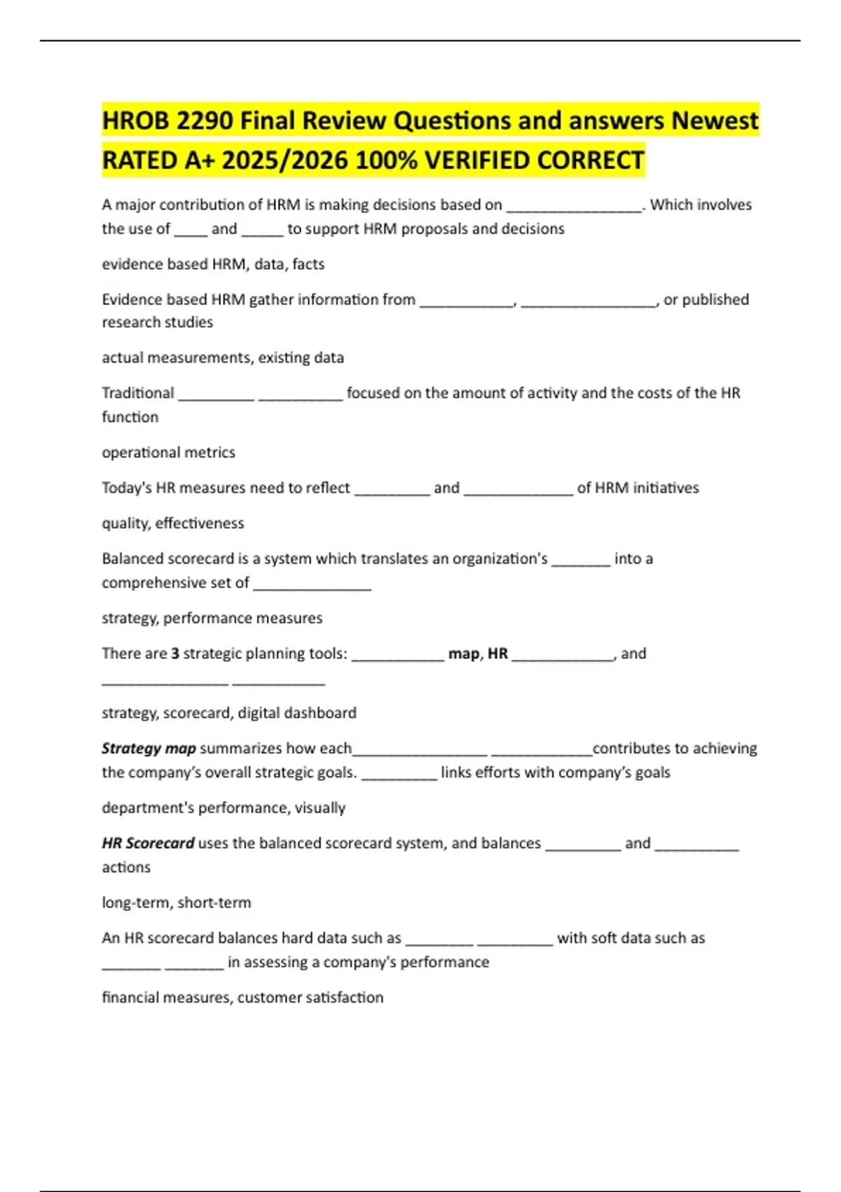 HROB 2290 Final Review Questions and answers Newest RATED A+ 2025/2026 ...