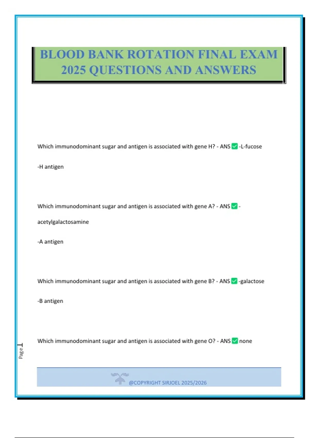 BLOOD BANK ROTATION FINAL EXAM 2025 QUESTIONS AND ANSWERS - BLOOD BANK ...