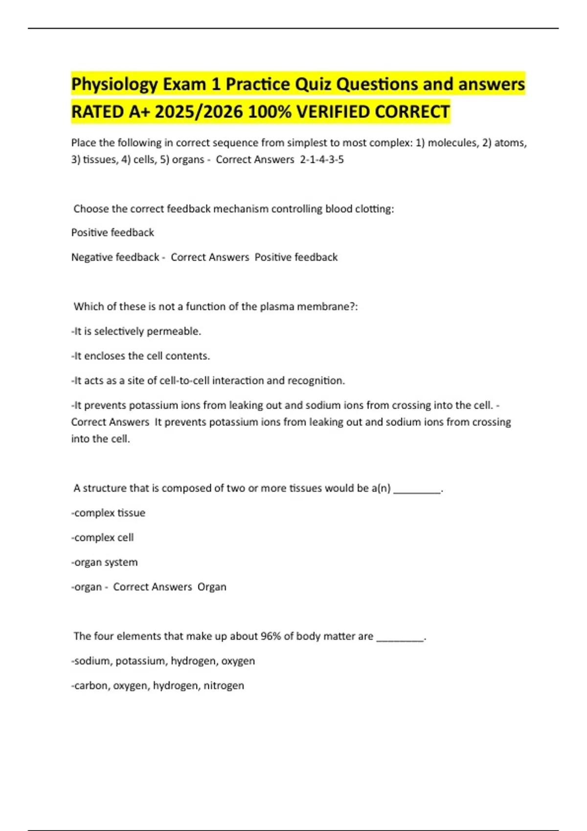 Physiology Exam 1 Practice Quiz Questions and answers RATED A+ 2025/ ...