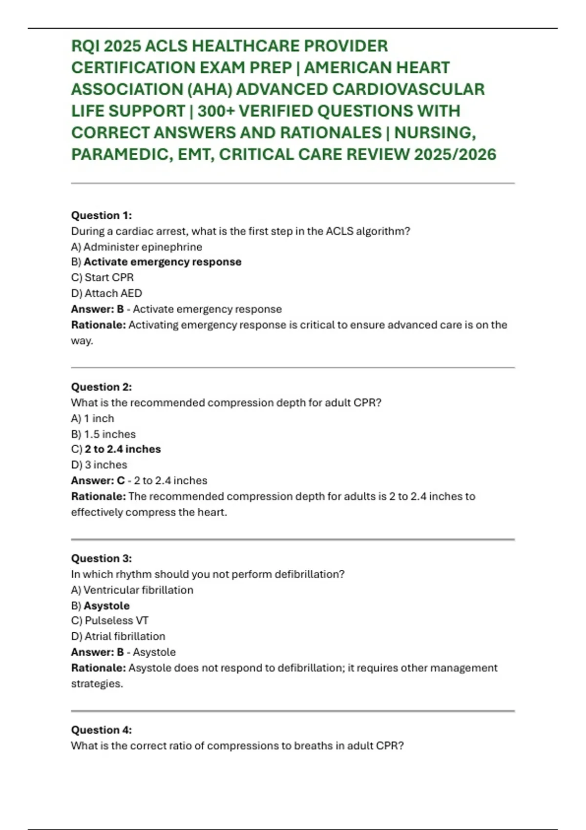 RQI 2025 ACLS HEALTHCARE PROVIDER CERTIFICATION EXAM PREP | AMERICAN ...