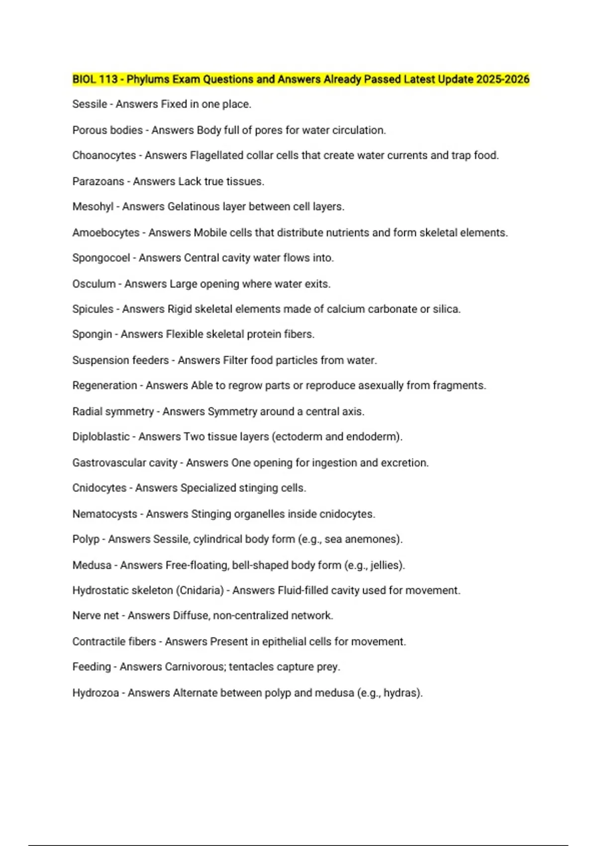 BIOL 113 - Phylums Exam Questions and Answers Already Passed Latest ...