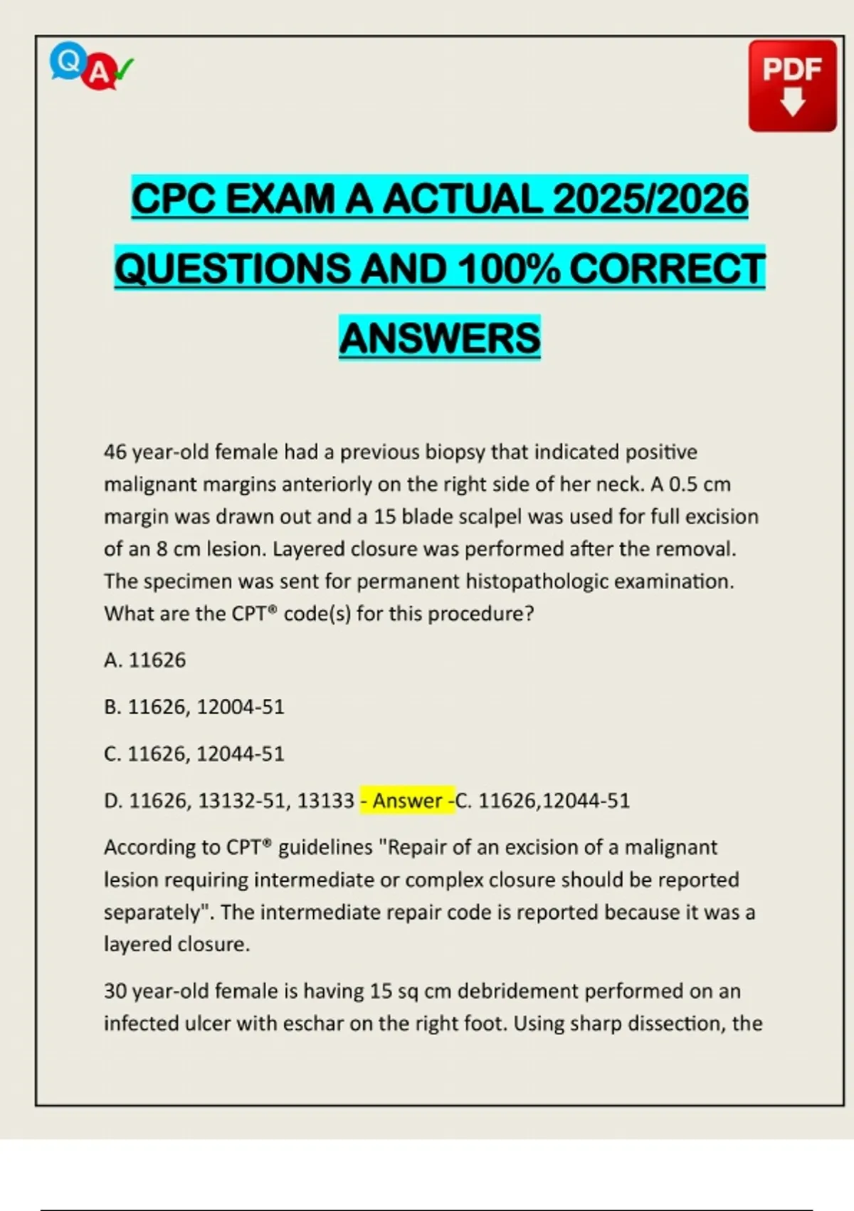 CPC EXAM A ACTUAL 2025/2026 QUESTIONS AND 100% CORRECT ANSWERS - AAPC ...