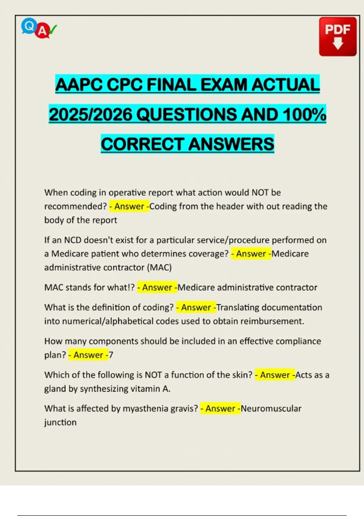 AAPC CPC FINAL EXAM ACTUAL 2025/2026 QUESTIONS AND 100% CORRECT ANSWERS - AAPC CPC - Stuvia US