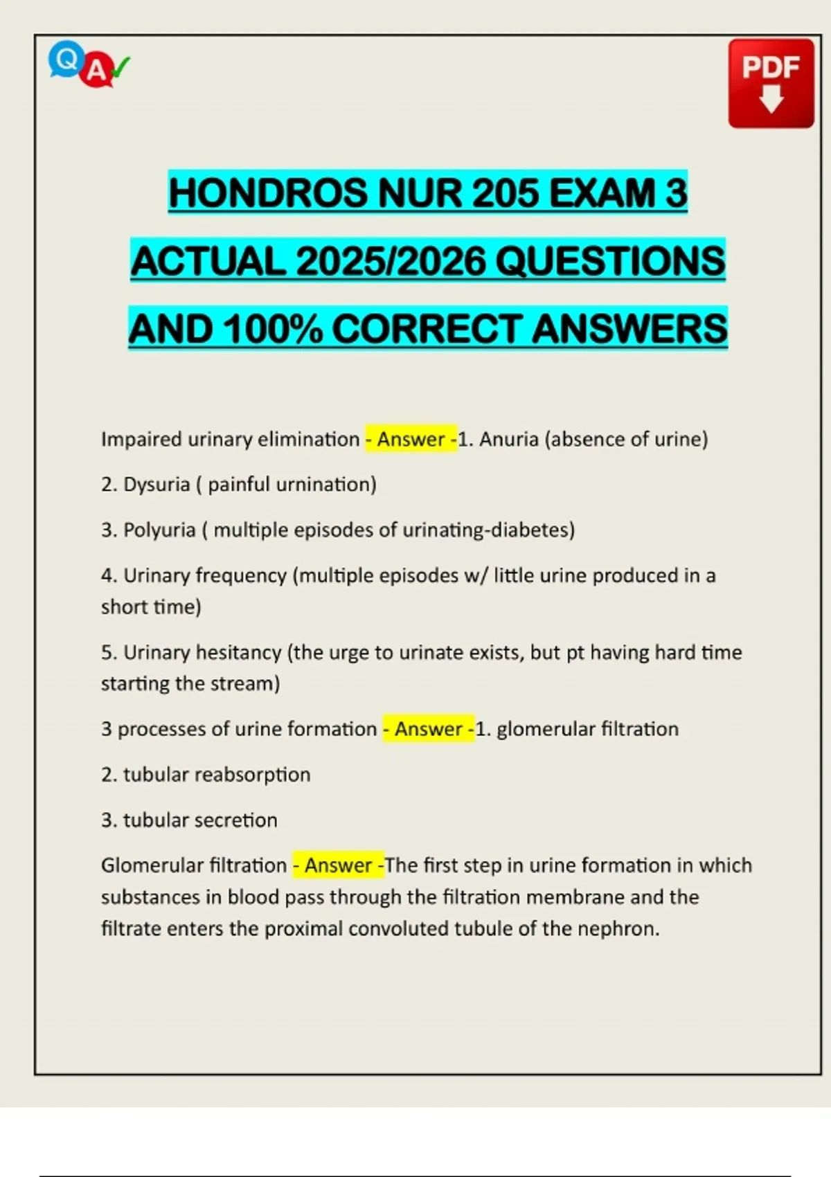 HONDROS NUR 205 EXAM 3 ACTUAL 2025/2026 QUESTIONS AND 100% CORRECT ...