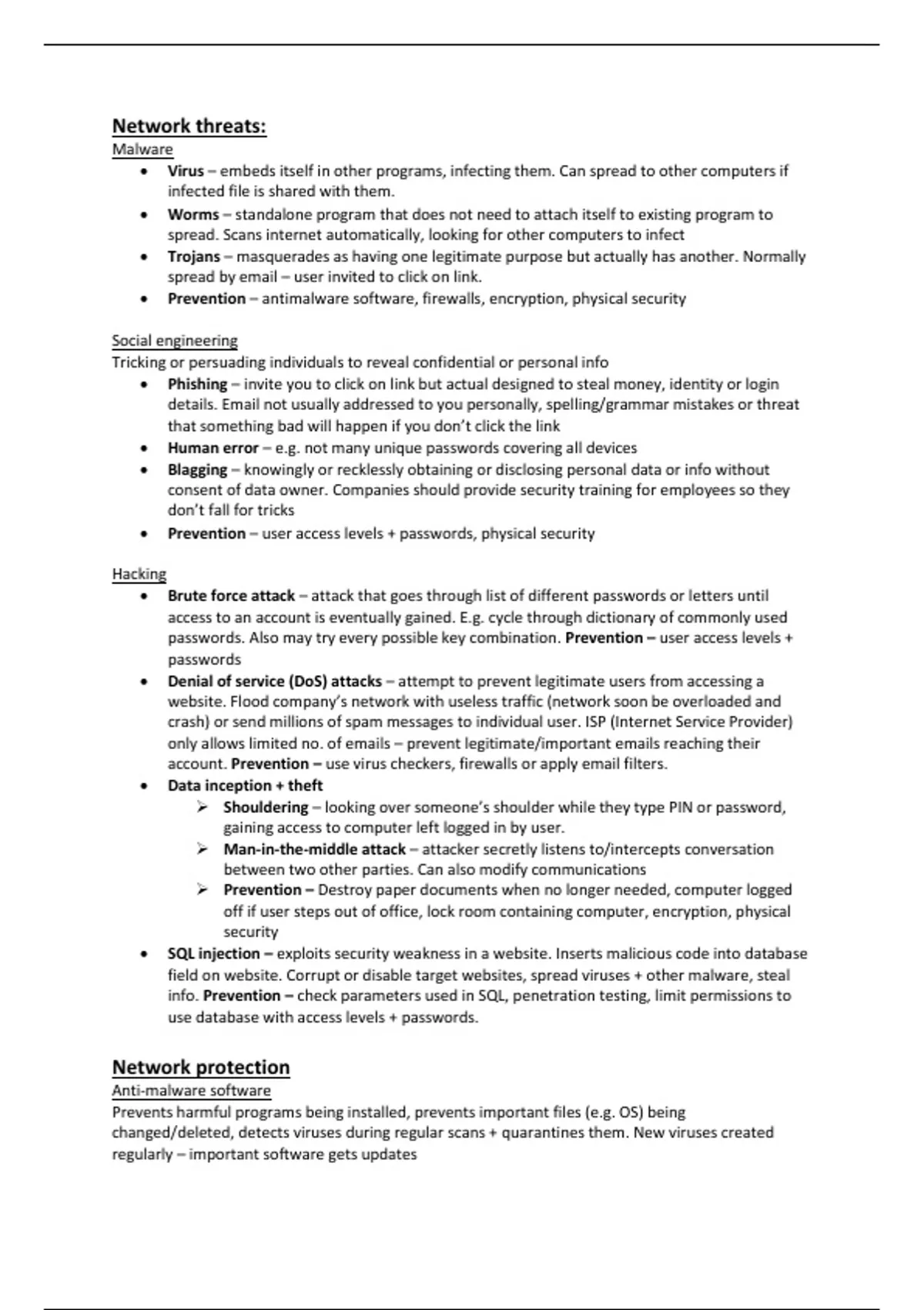 Summary OCR GCSE Computer Science – Network Security (Higher Tier ...