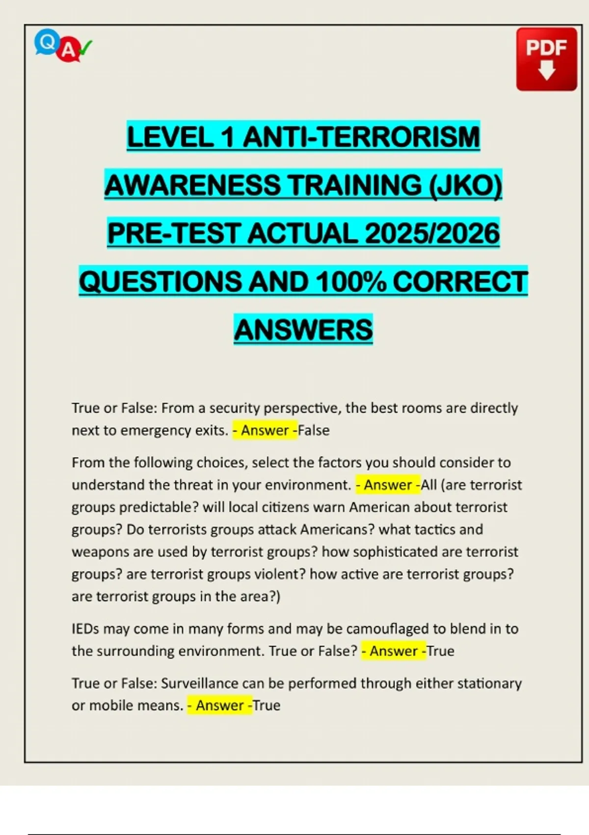 LEVEL 1 ANTI-TERRORISM AWARENESS TRAINING (JKO) PRE-TEST ACTUAL 2025/ ...