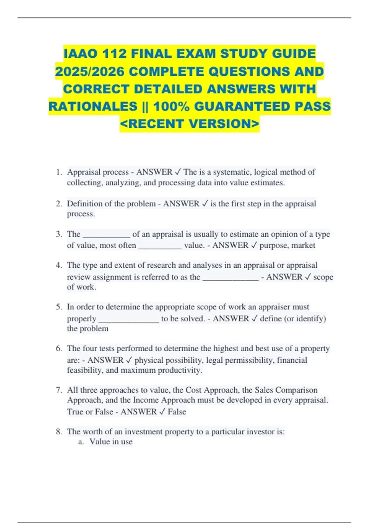 IAAO 112 FINAL EXAM STUDY GUIDE 2025/2026 COMPLETE QUESTIONS AND ...