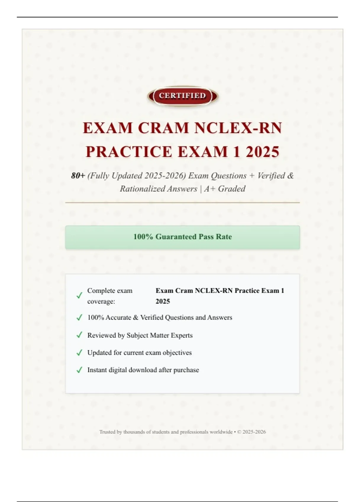 Exam Cram NCLEX-RN Practice Exam 1 2025 80+ (Fully Updated ) Exam Questions + Verified ...