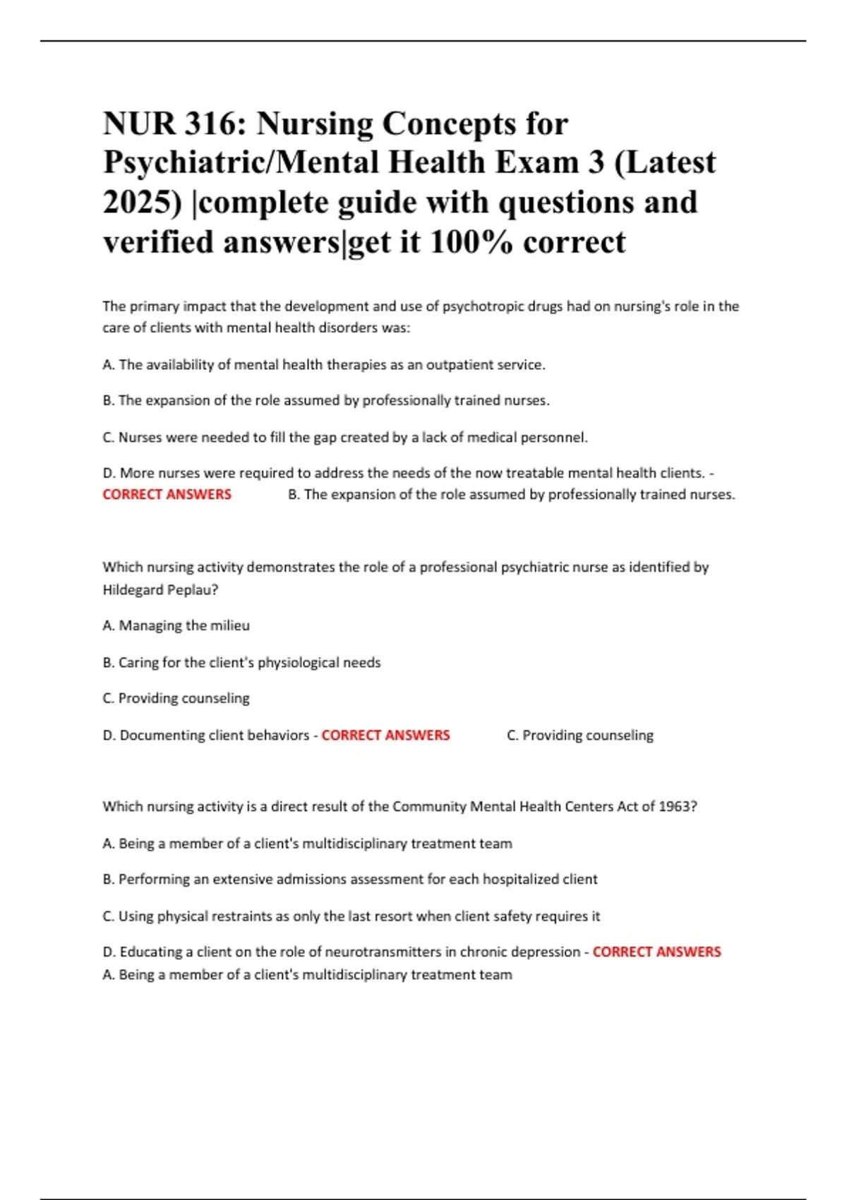 Summary NUR 316: Nursing Concepts for Psychiatric/Mental Health Exam 3 ...