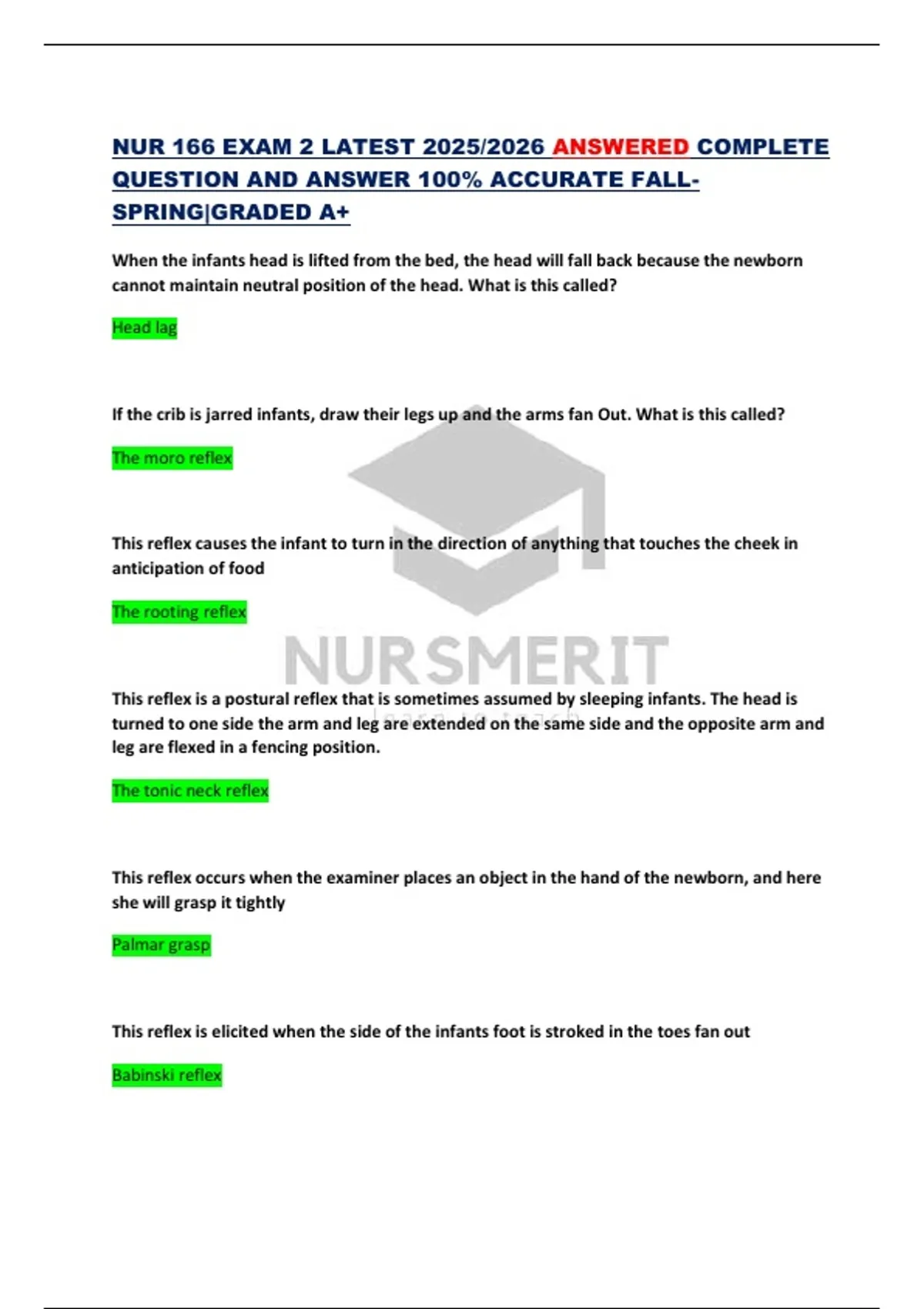 NUR 166 EXAM 2 LATEST 2025/2026 ANSWERED COMPLETE QUESTION AND ANSWER ...
