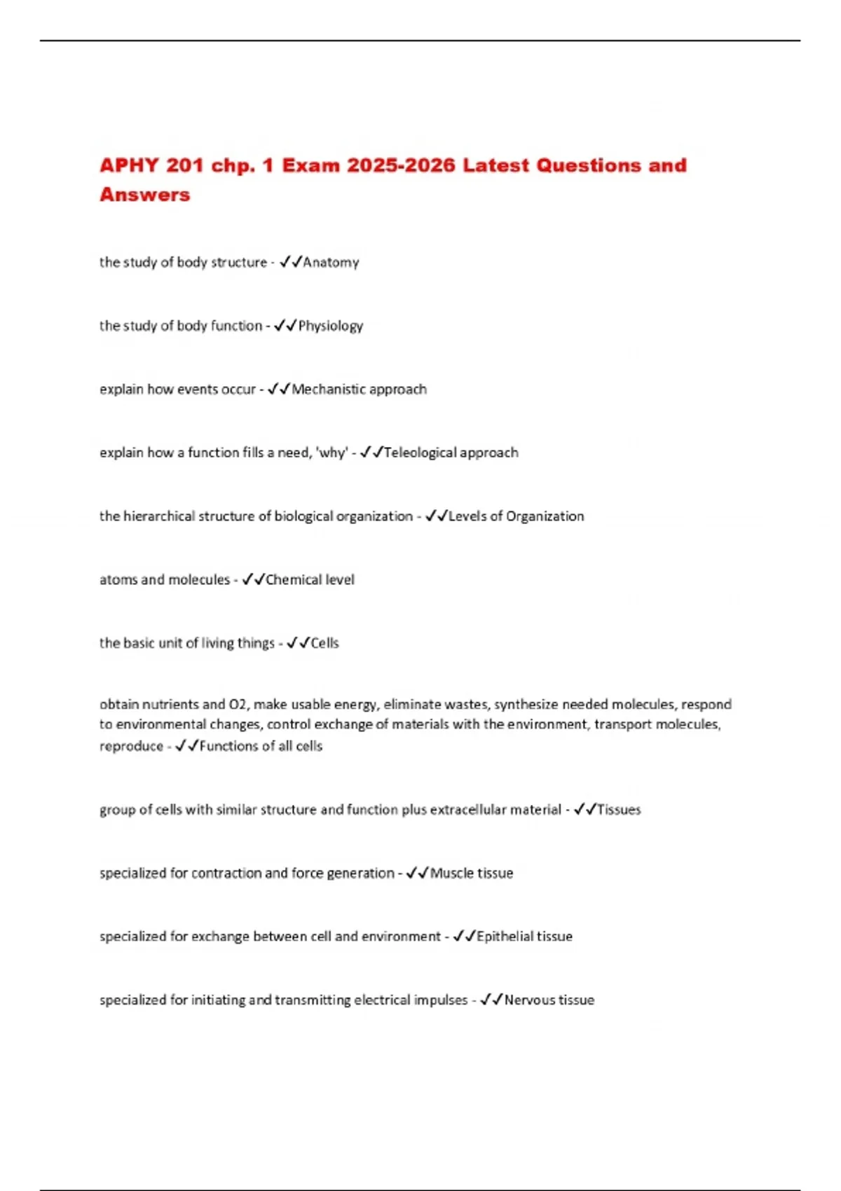 APHY 201 chp. 1 Exam Latest Questions and Answers - APHY 201 - Stuvia US