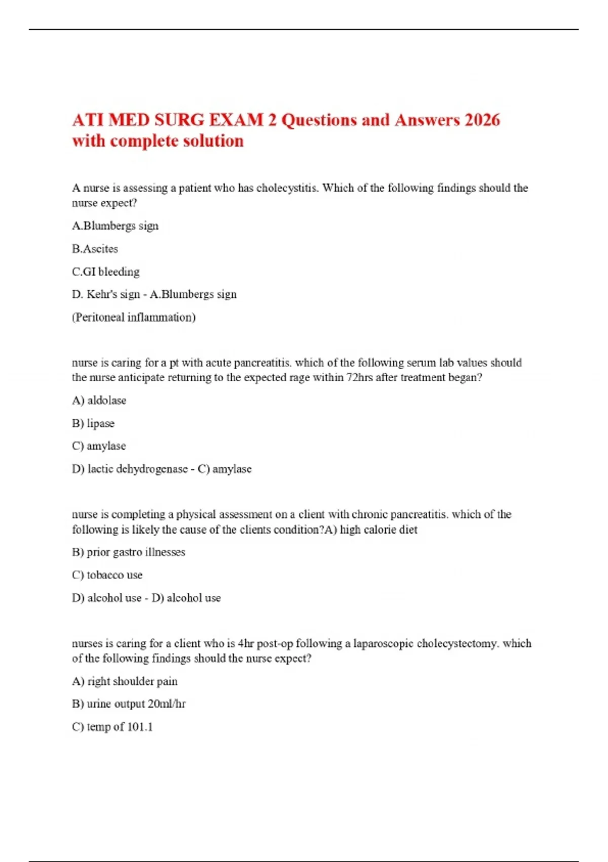 ATI MED SURG EXAM 2 Questions and Answers 2026 with complete solution ...