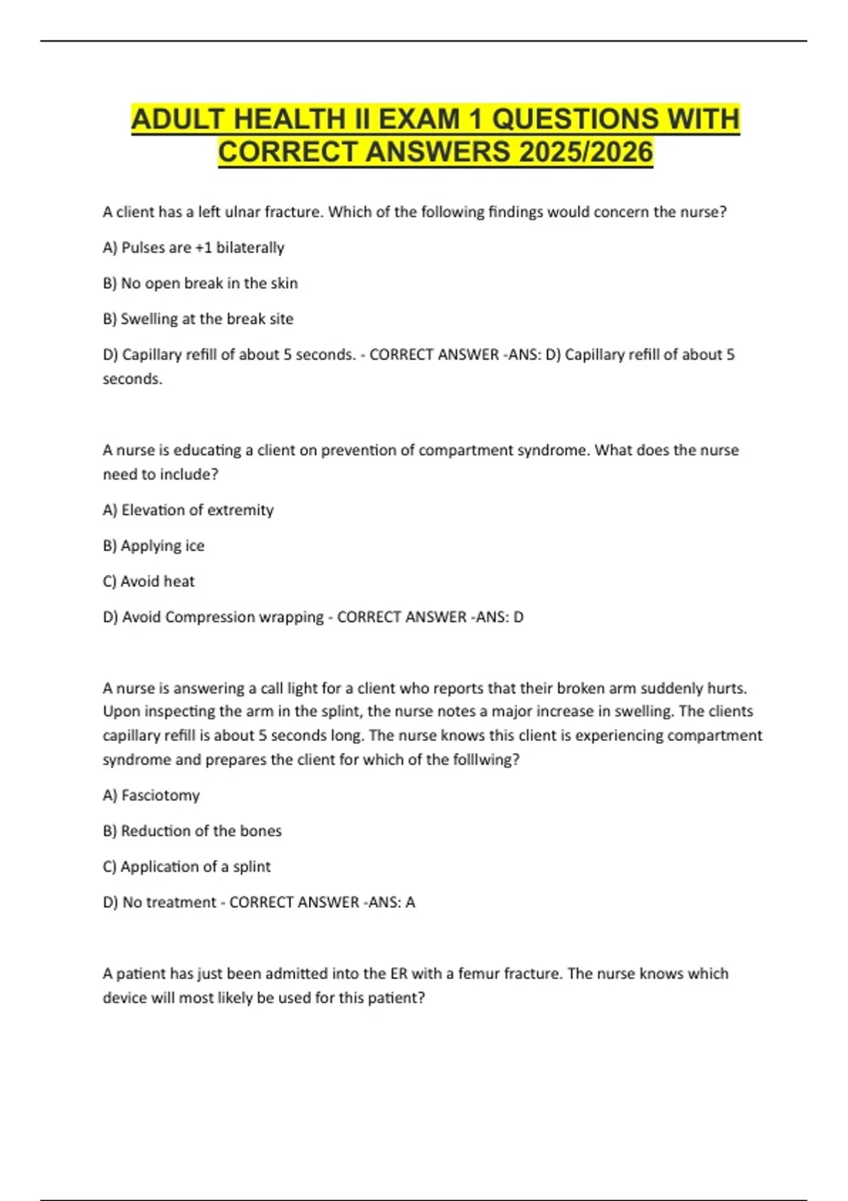 ADULT HEALTH II EXAM 1 QUESTIONS WITH CORRECT ANSWERS 2025/2026 - Adult ...