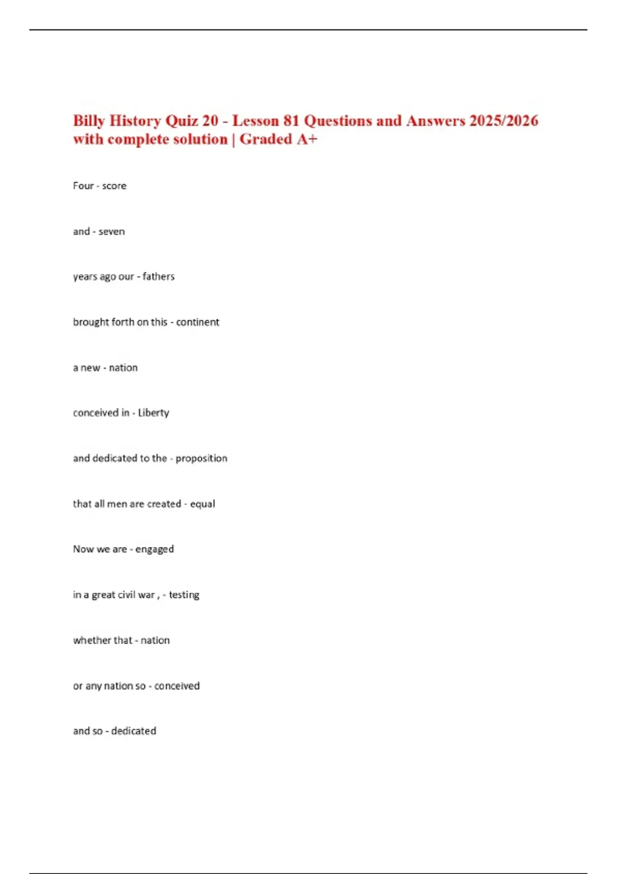 Billy History Quiz 20 - Lesson 81 Questions and Answers 2025/2026 with ...