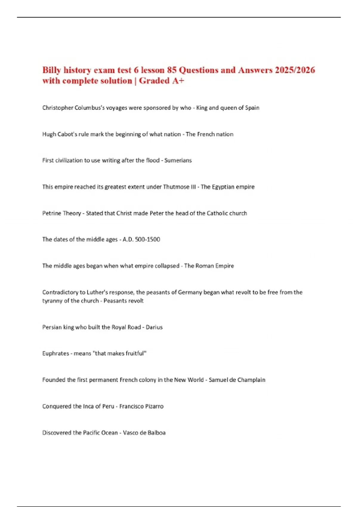 Billy history exam test 6 lesson 85 Questions and Answers 2025/2026 ...