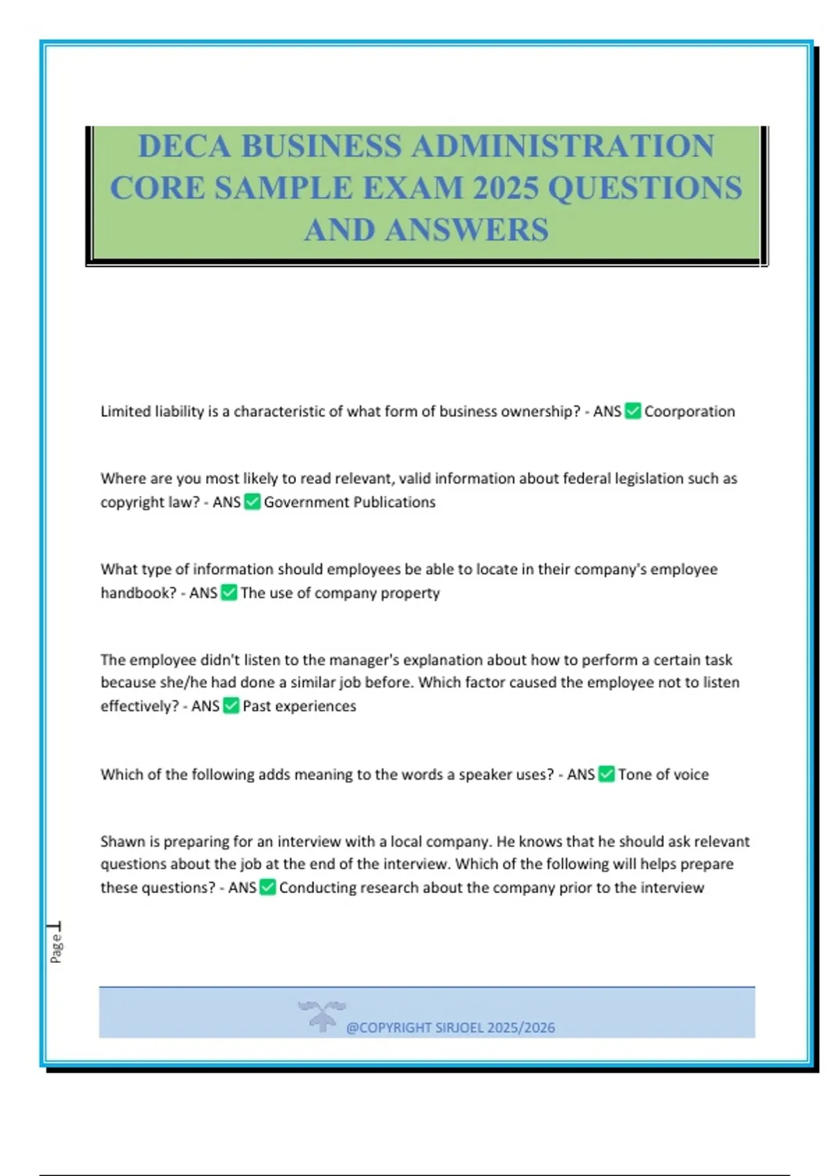 DECA BUSINESS ADMINISTRATION CORE SAMPLE EXAM 2025 QUESTIONS AND ANSWERS - DECA BUSINESS - Stuvia US